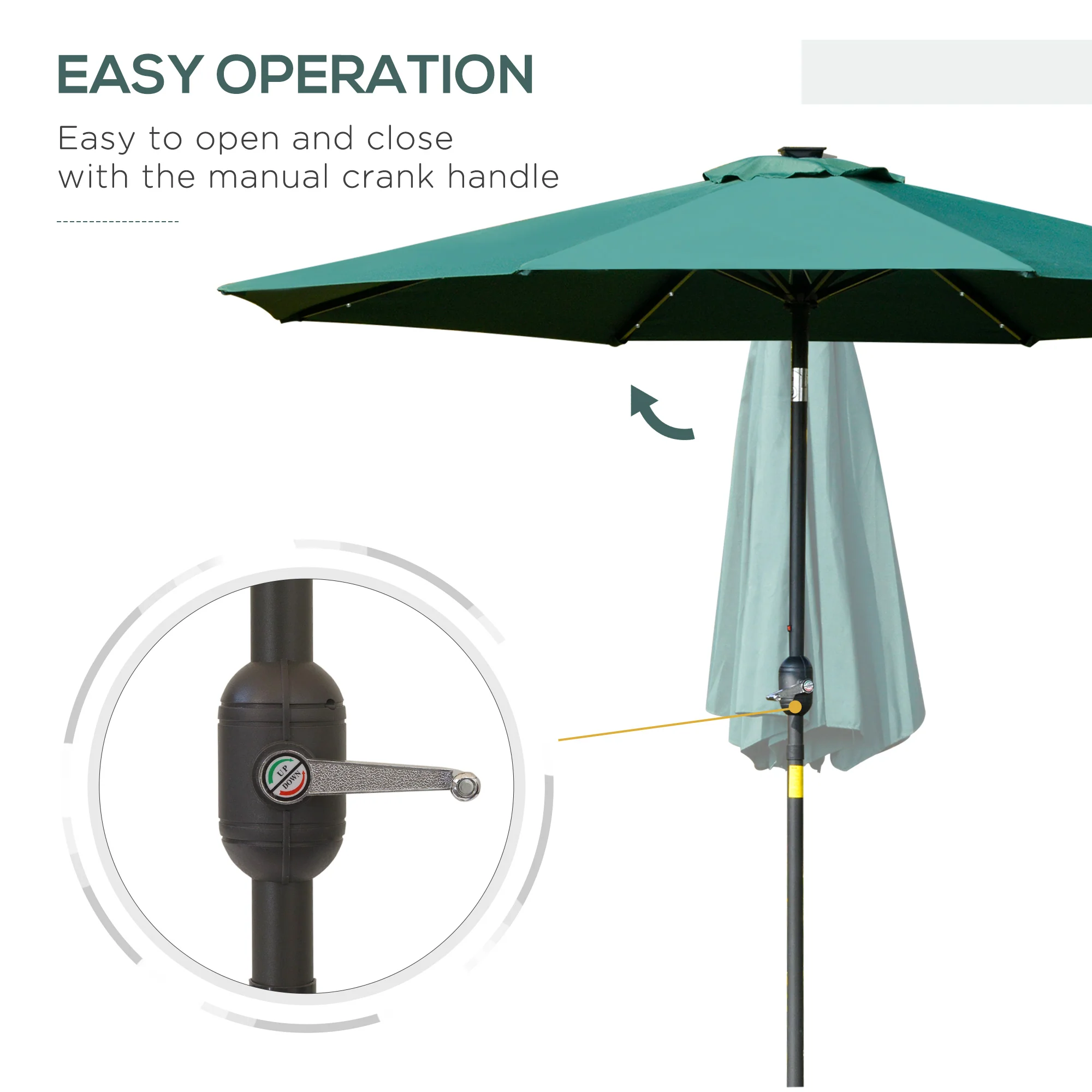 9ft Solar Patio Umbrella Outdoor Sunshade 24 LED Lights Tilt Canopy, Green - Image 9