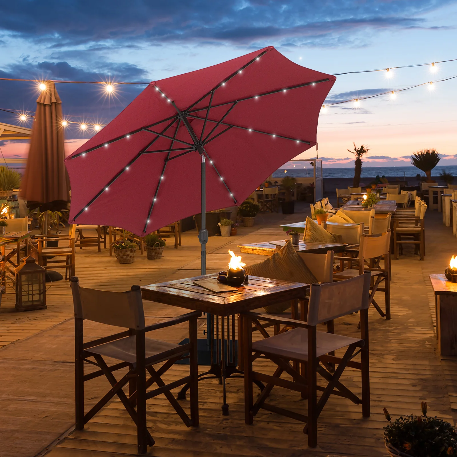 9ft Solar Patio Umbrella Outdoor Sunshade 24 LED Lights Tilt Canopy, Wine Red - Image 3