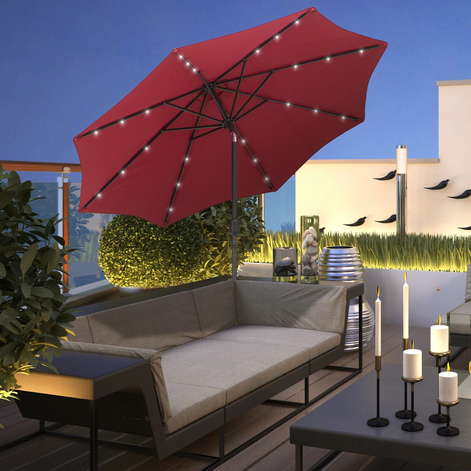 9ft Solar Patio Umbrella Outdoor Sunshade 24 LED Lights Tilt Canopy, Wine Red - Image 4