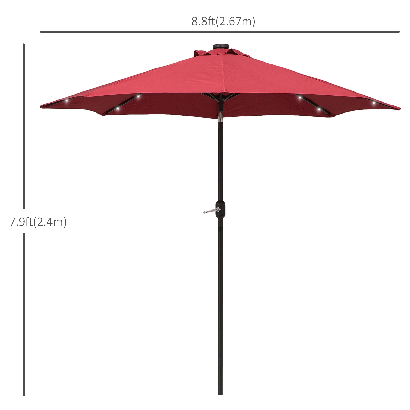 9ft Solar Patio Umbrella Outdoor Sunshade 24 LED Lights Tilt Canopy, Wine Red - Image 5