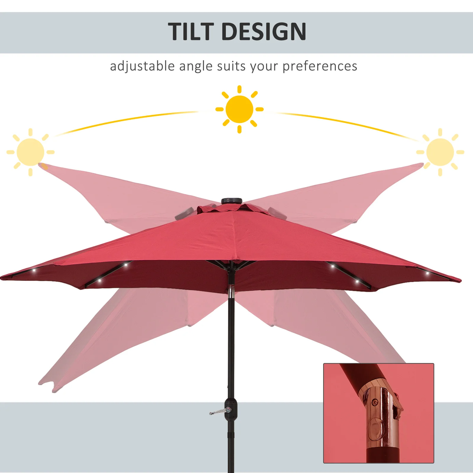9ft Solar Patio Umbrella Outdoor Sunshade 24 LED Lights Tilt Canopy, Wine Red - Image 6