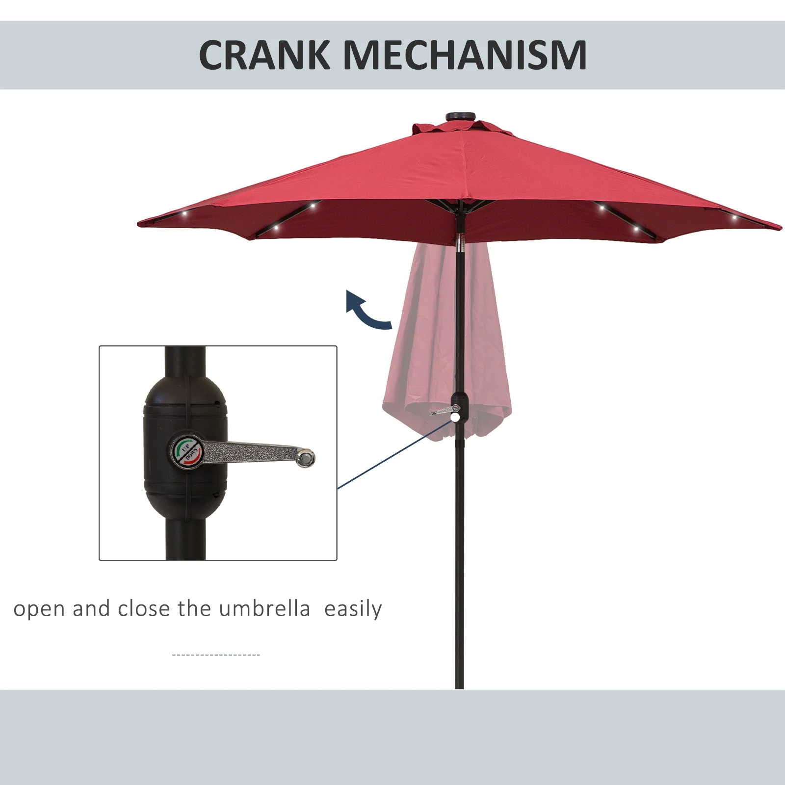 9ft Solar Patio Umbrella Outdoor Sunshade 24 LED Lights Tilt Canopy, Wine Red - Image 7