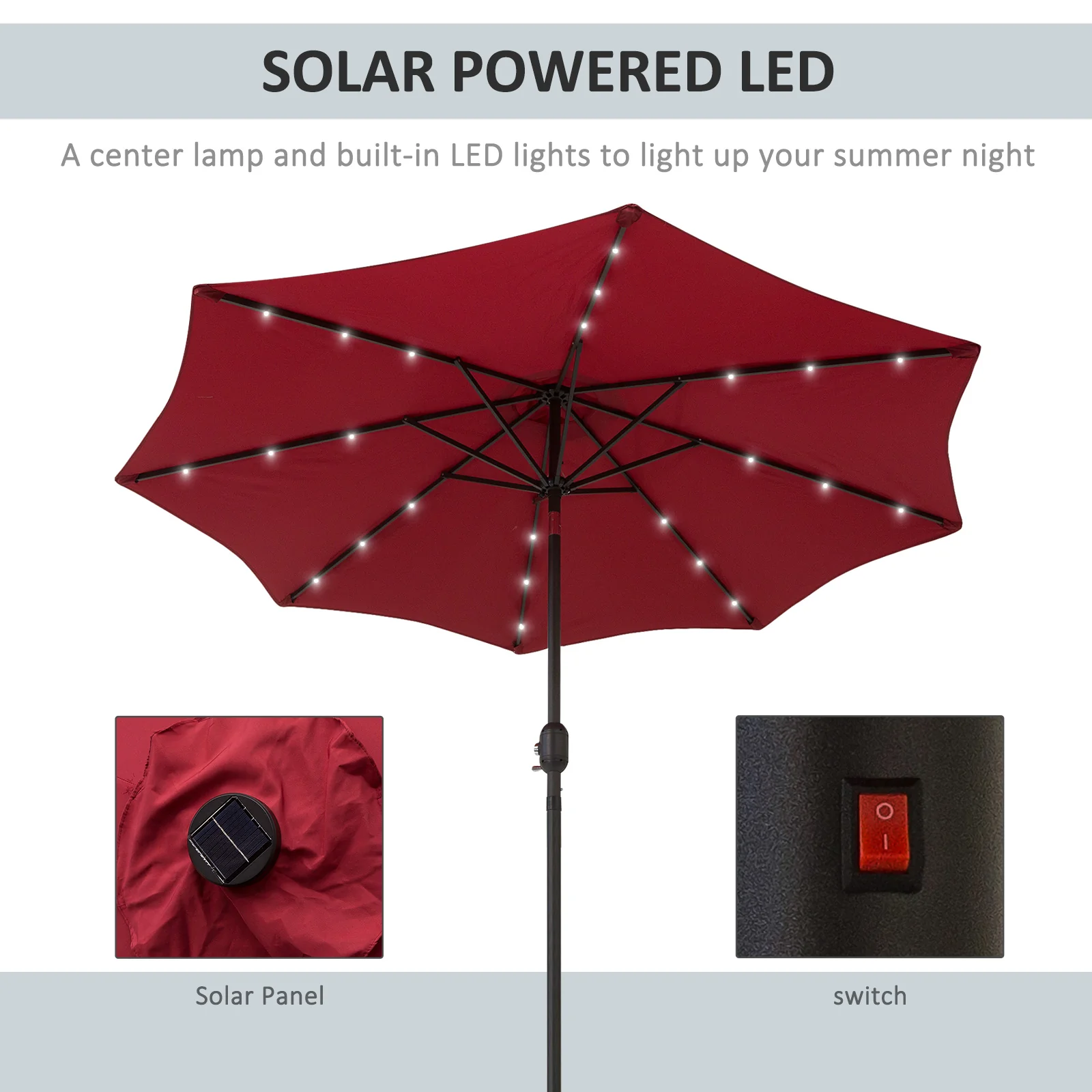 9ft Solar Patio Umbrella Outdoor Sunshade 24 LED Lights Tilt Canopy, Wine Red - Image 8