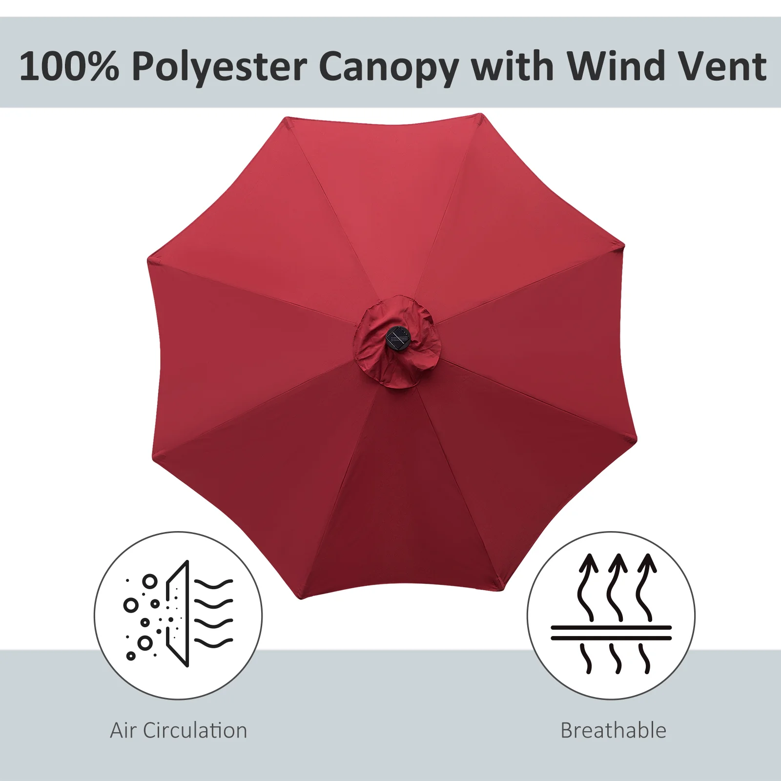 9ft Solar Patio Umbrella Outdoor Sunshade 24 LED Lights Tilt Canopy, Wine Red - Image 9