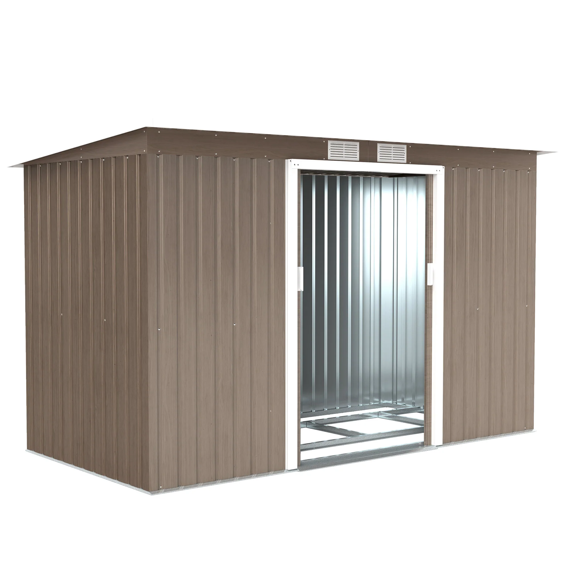 9 x 4ft Metal Storage Tool House with Foundation Kit, Vents & Double Doors, Light Grey Wood Grain