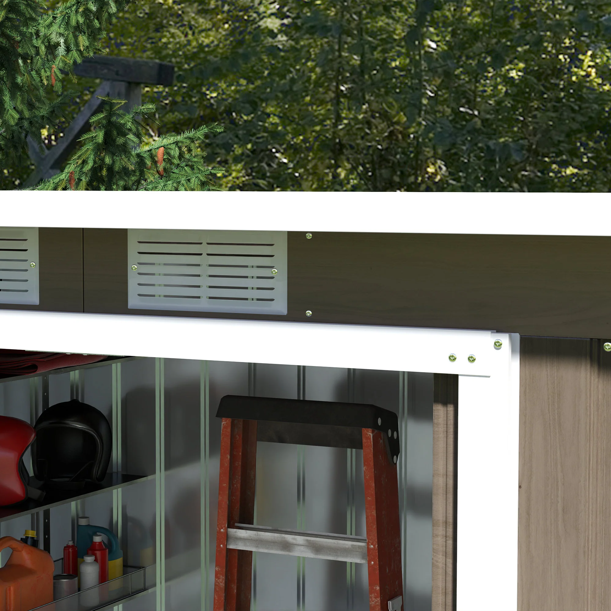 9 x 4ft Metal Storage Tool House with Foundation Kit, Vents & Double Doors, Light Grey Wood Grain - Image 10