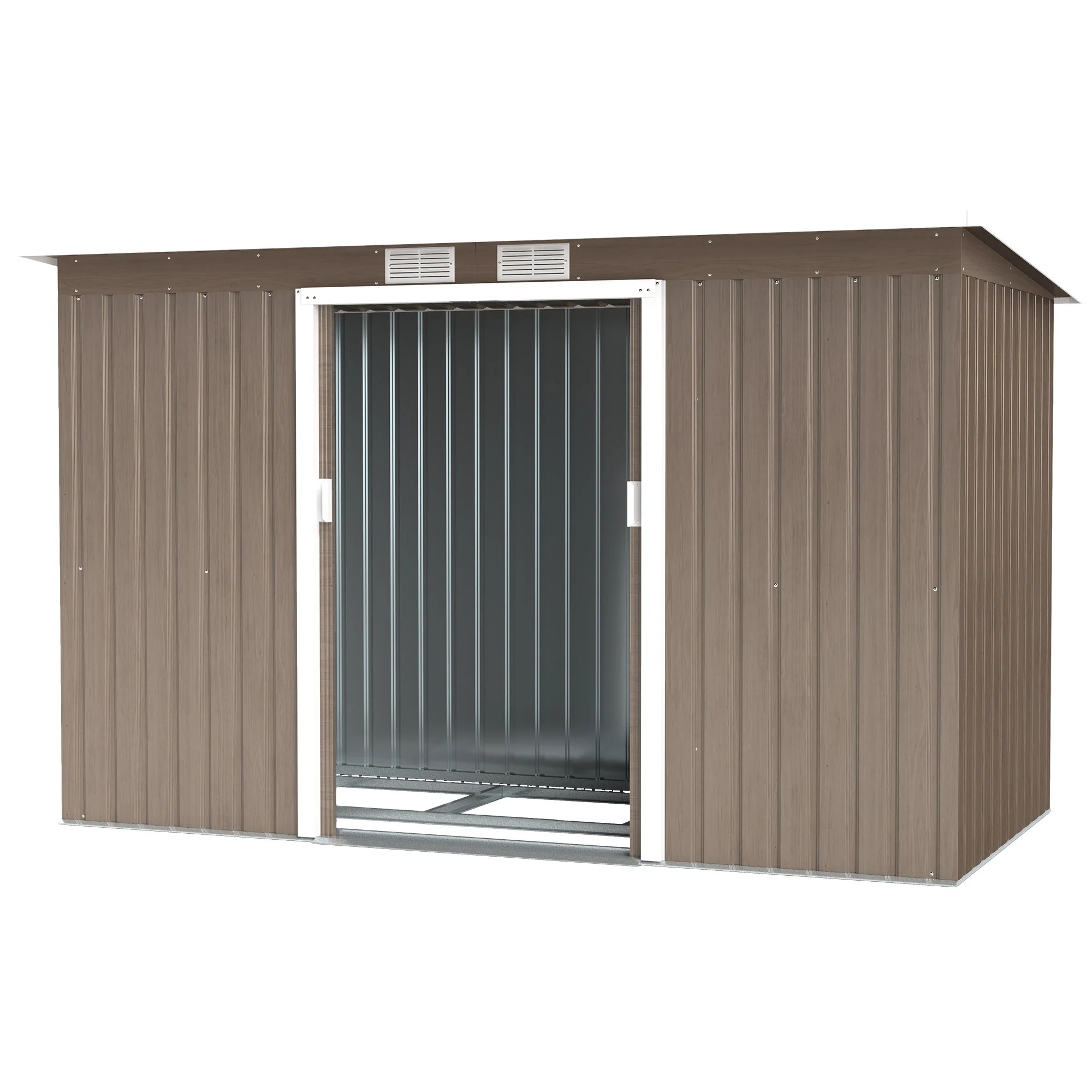 9 x 4ft Metal Storage Tool House with Foundation Kit, Vents & Double Doors, Light Grey Wood Grain - Image 2