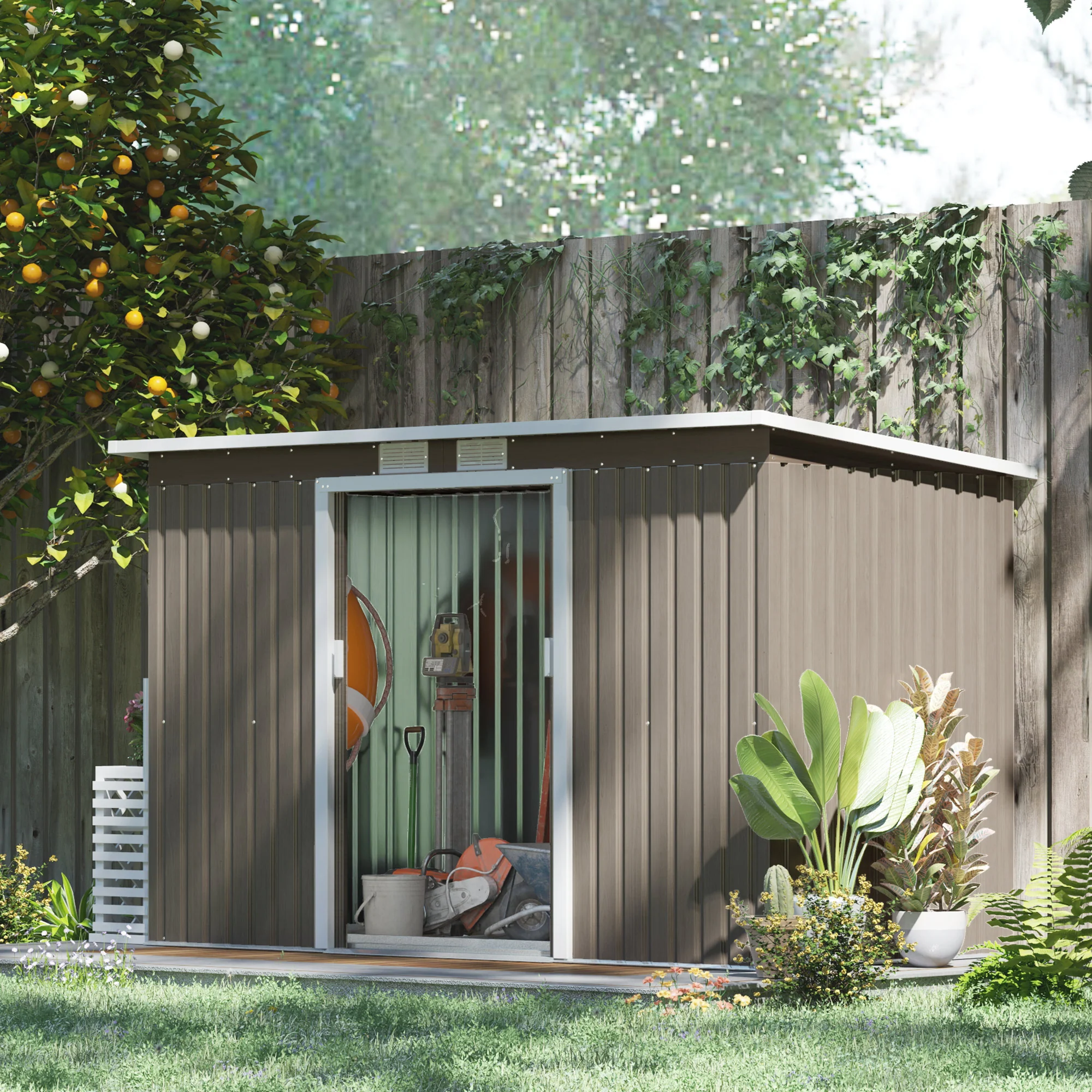 9 x 4ft Metal Storage Tool House with Foundation Kit, Vents & Double Doors, Light Grey Wood Grain - Image 3