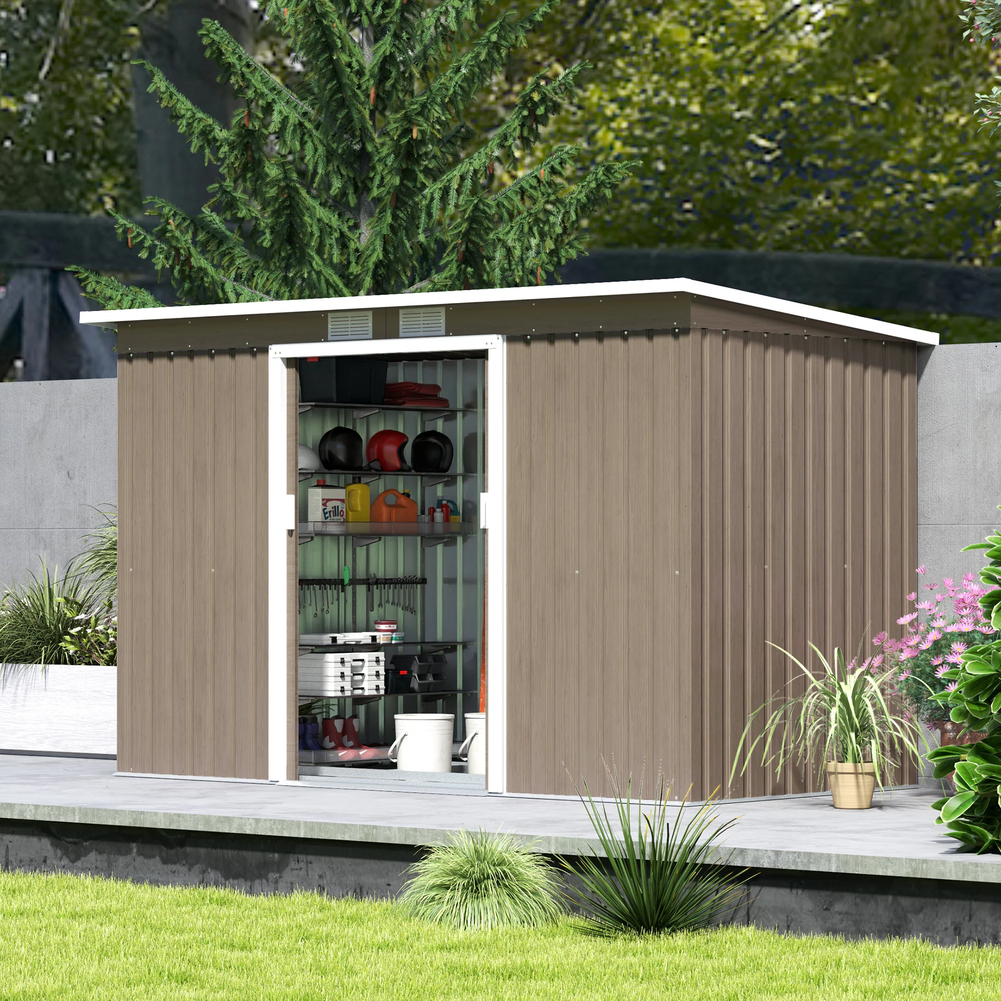 9 x 4ft Metal Storage Tool House with Foundation Kit, Vents & Double Doors, Light Grey Wood Grain - Image 4