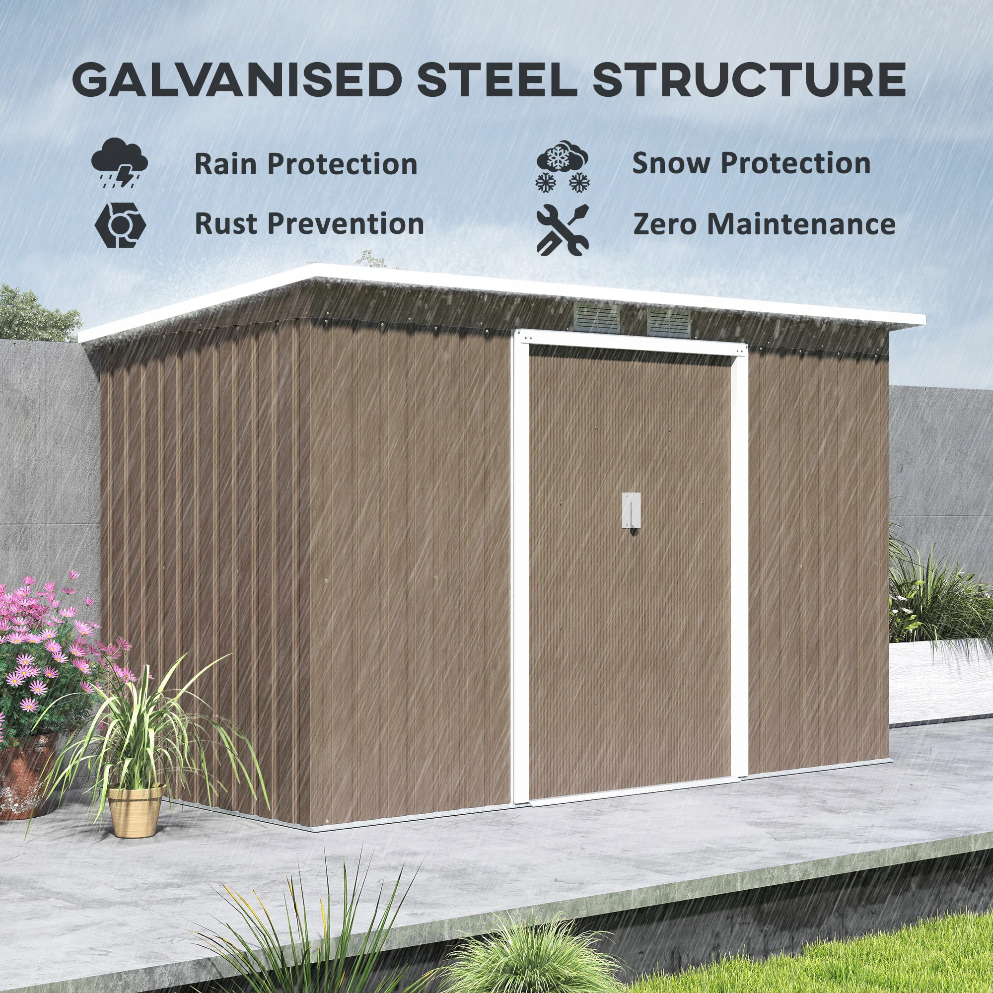 9 x 4ft Metal Storage Tool House with Foundation Kit, Vents & Double Doors, Light Grey Wood Grain - Image 6