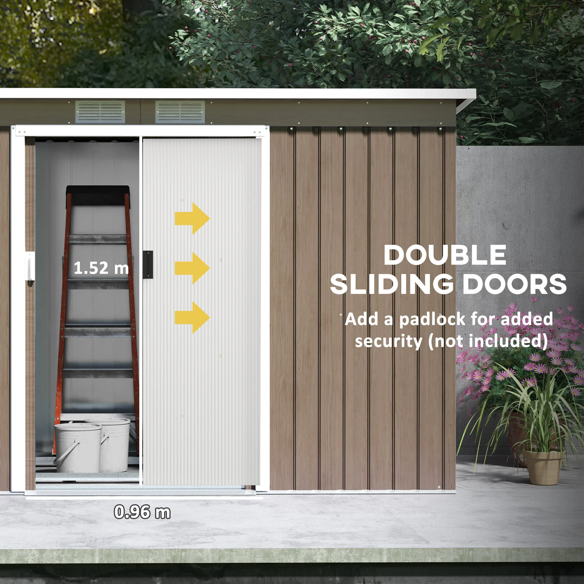 9 x 4ft Metal Storage Tool House with Foundation Kit, Vents & Double Doors, Light Grey Wood Grain - Image 7