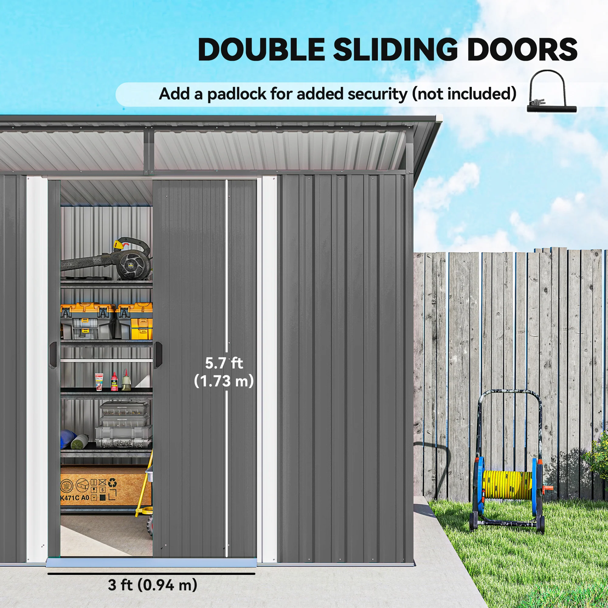 9ft x 6.5ft Metal Shed with Double Doors & Light Panels, Light Grey - Image 7