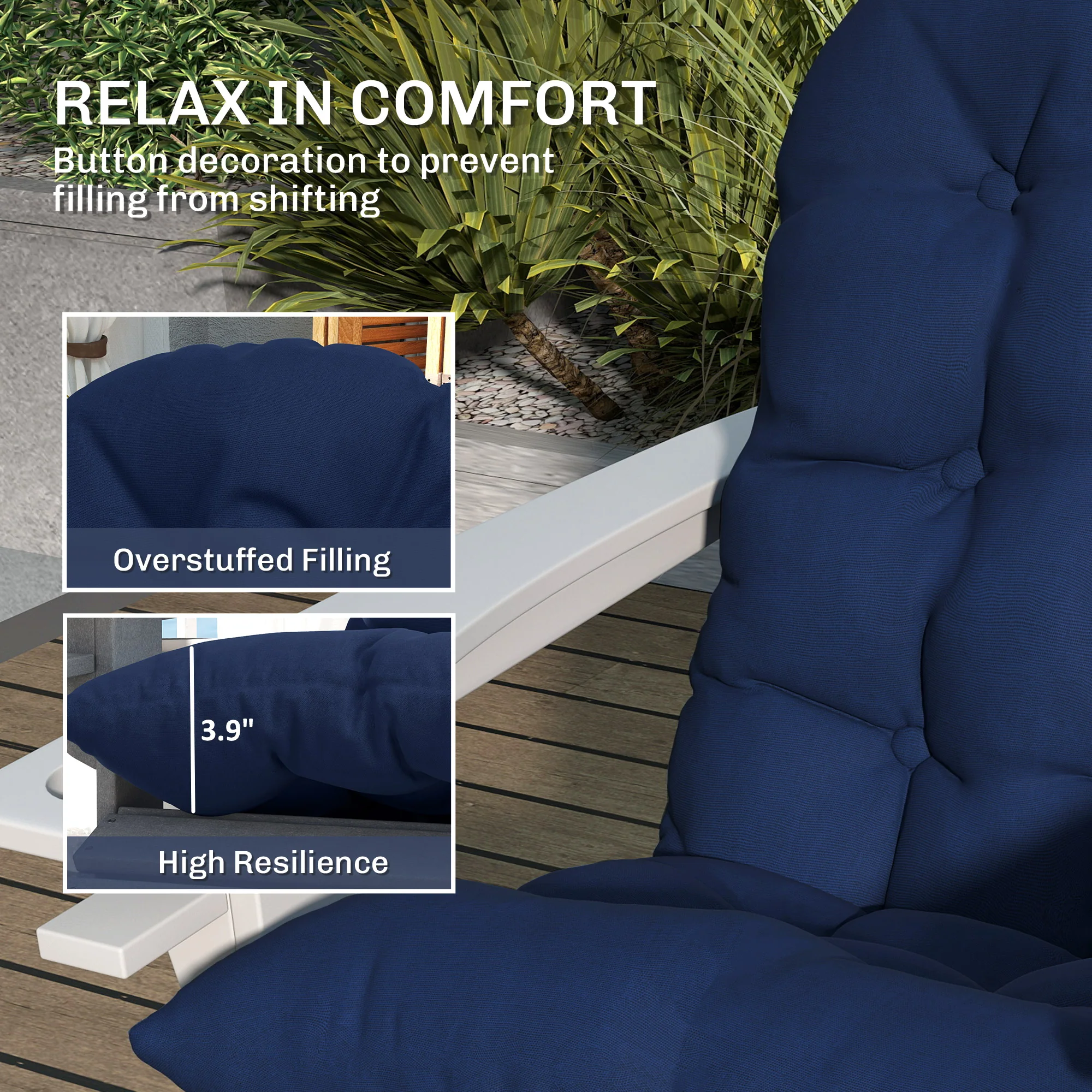 Tufted High-Back Adirondack Cushions Set of 2, Navy, with Ties & Non-Slip - Image 6