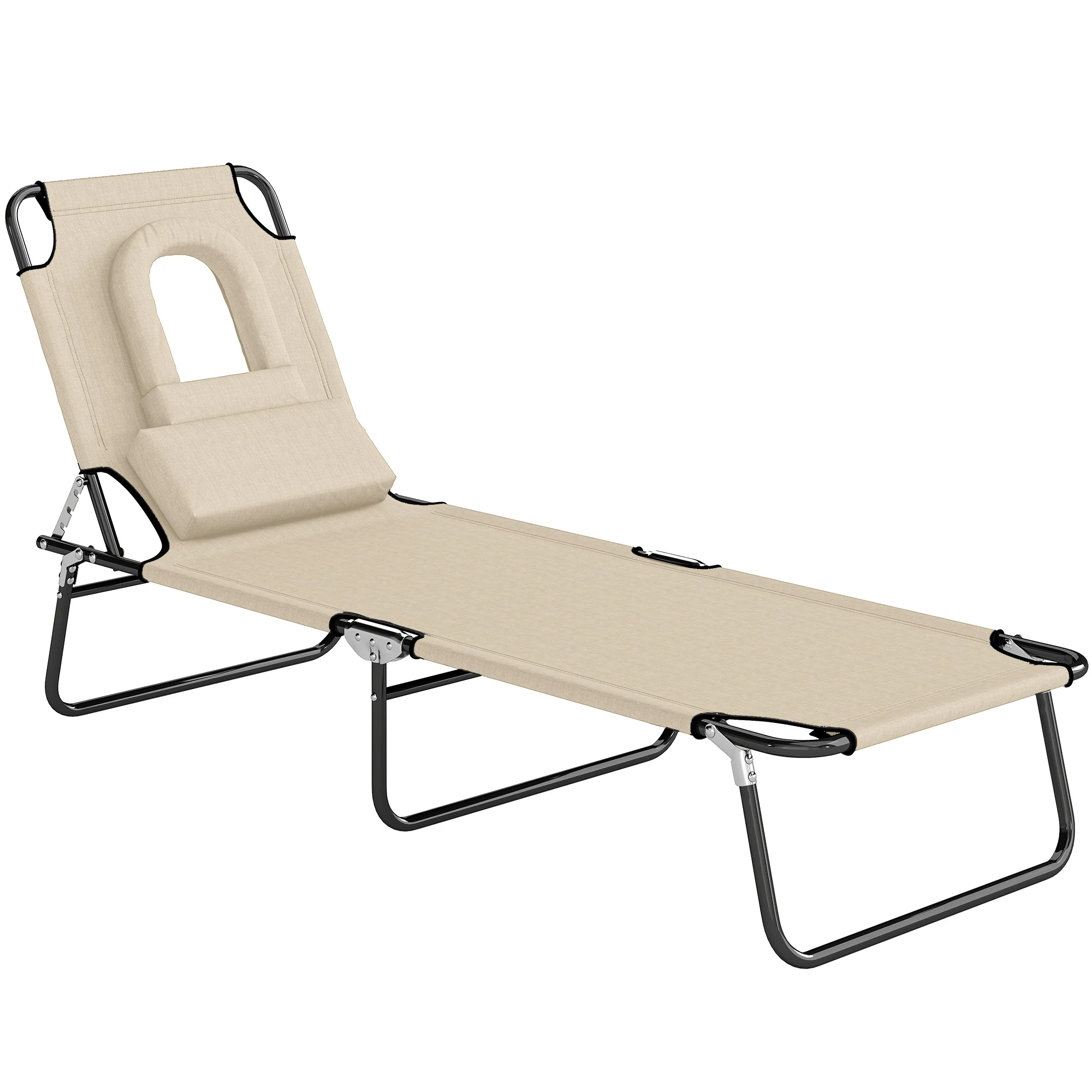 Folding Outdoor Lounge Chair with Face Hole and Pillow, Beige - Image 12