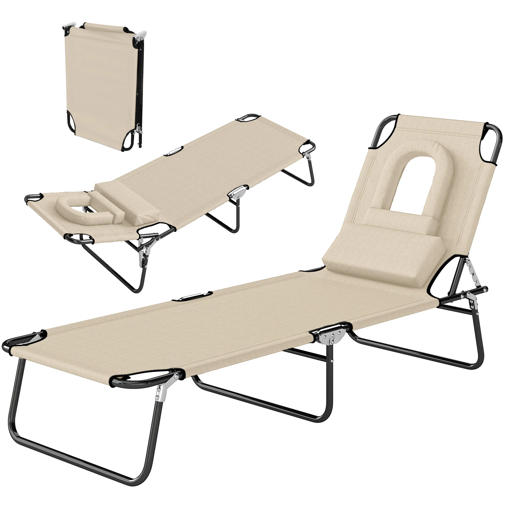 Folding Outdoor Lounge Chair with Face Hole and Pillow, Beige - Image 2