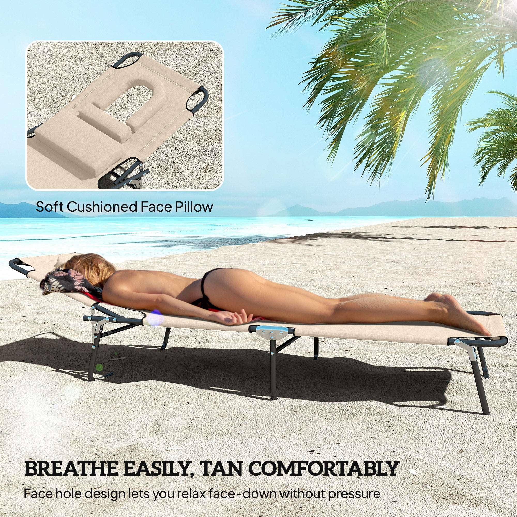 Folding Outdoor Lounge Chair with Face Hole and Pillow, Beige - Image 9