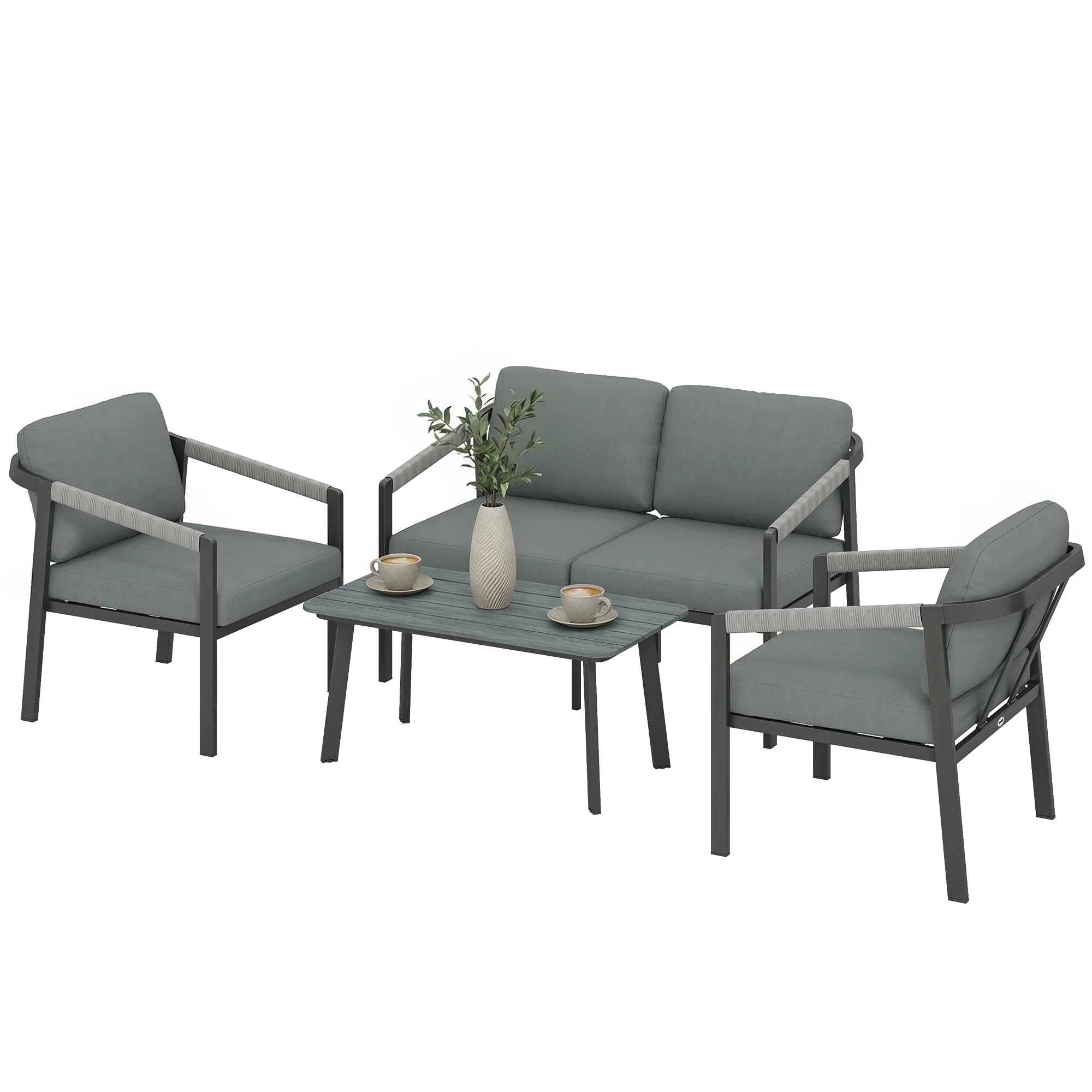 4 Seater Aluminium Garden Furniture Set with Loveseat, Black - Image 2