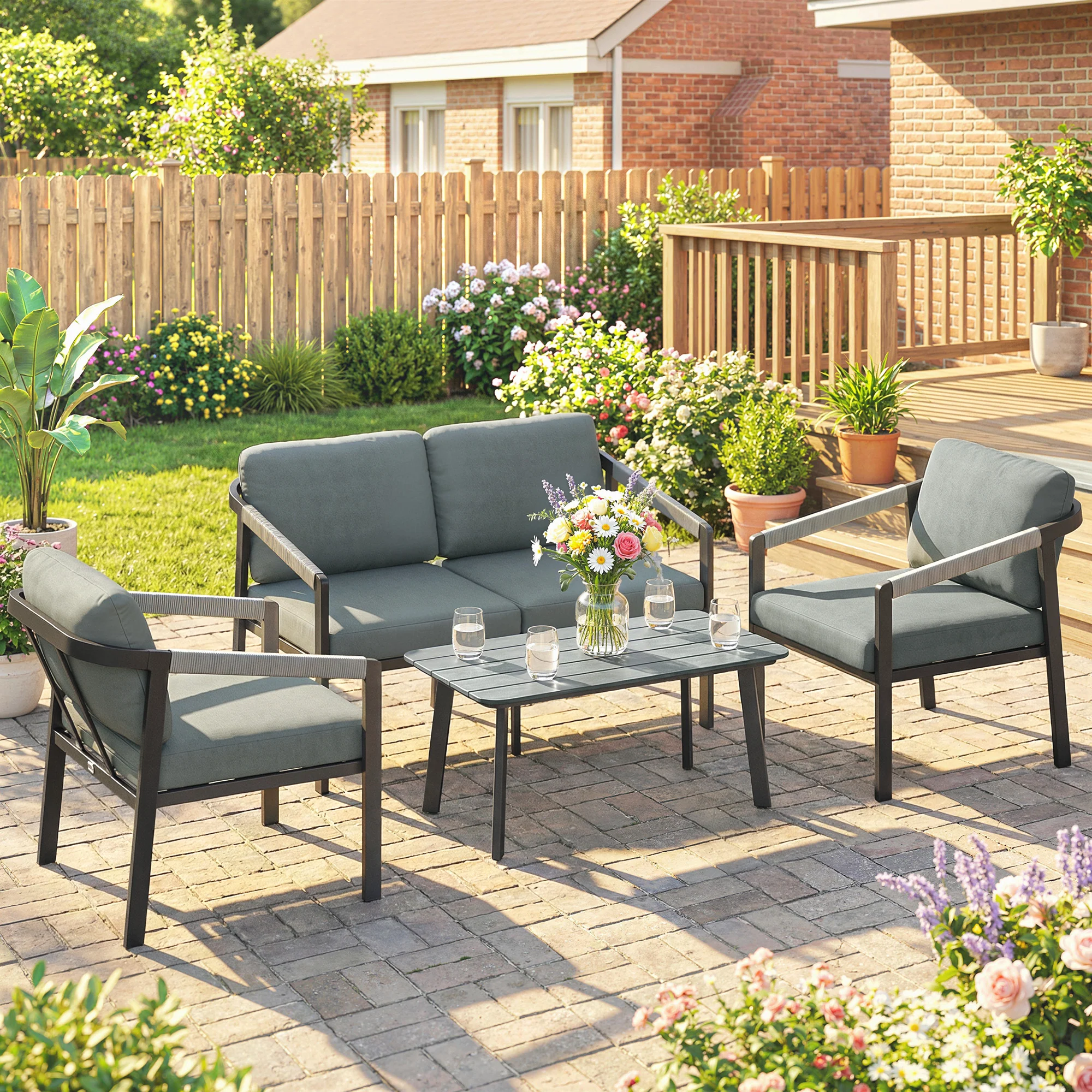 4 Seater Aluminium Garden Furniture Set with Loveseat, Black - Image 3