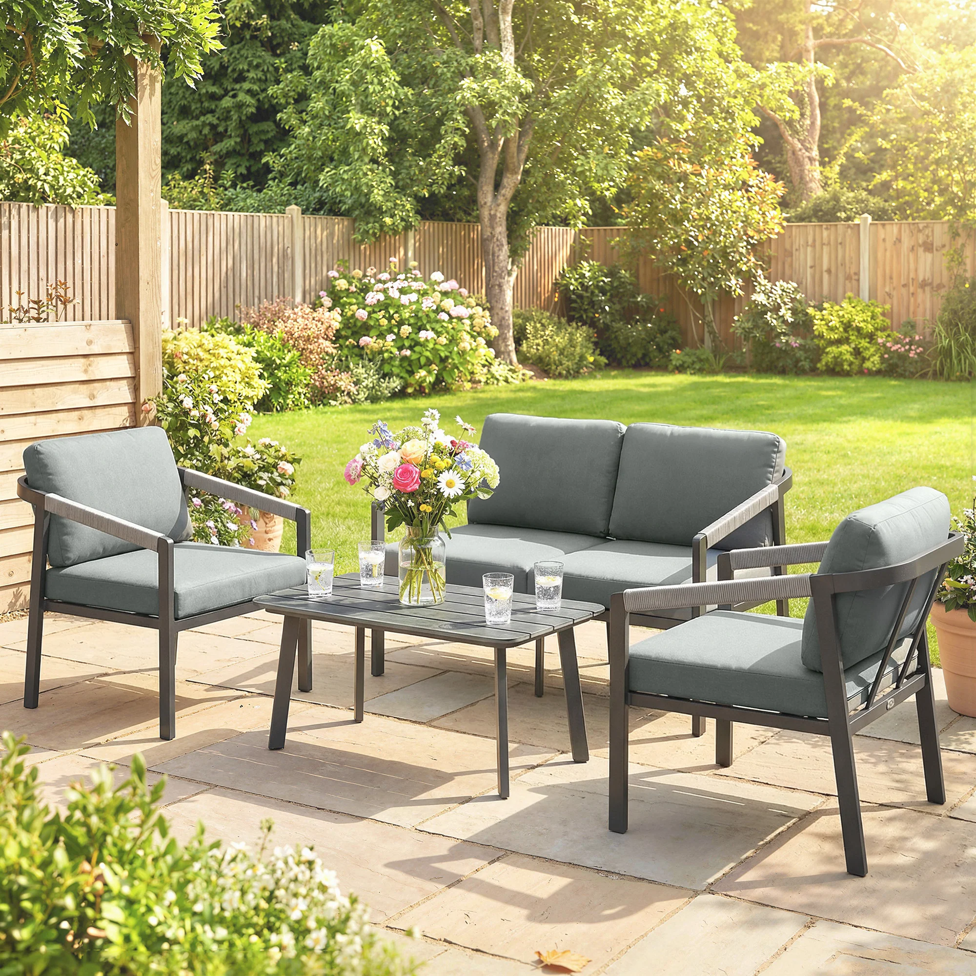 4 Seater Aluminium Garden Furniture Set with Loveseat, Black - Image 4