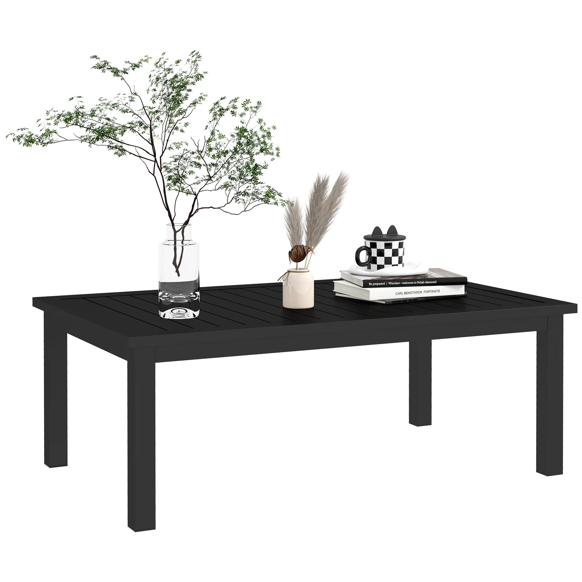 Aluminium Patio Side Table with Wood Grain Effect & Slat Tabletop, 100cm x 60cm, Black