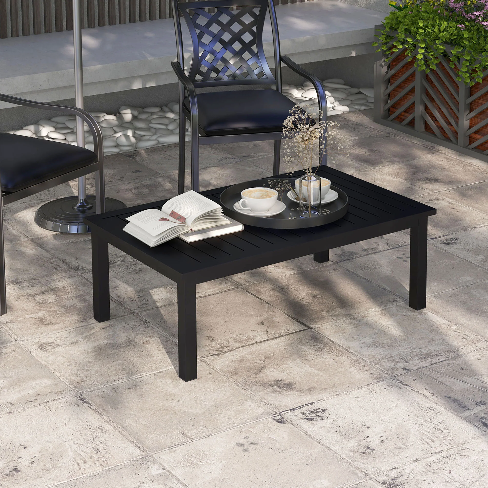 Aluminium Patio Side Table with Wood Grain Effect & Slat Tabletop, 100cm x 60cm, Black - Image 3