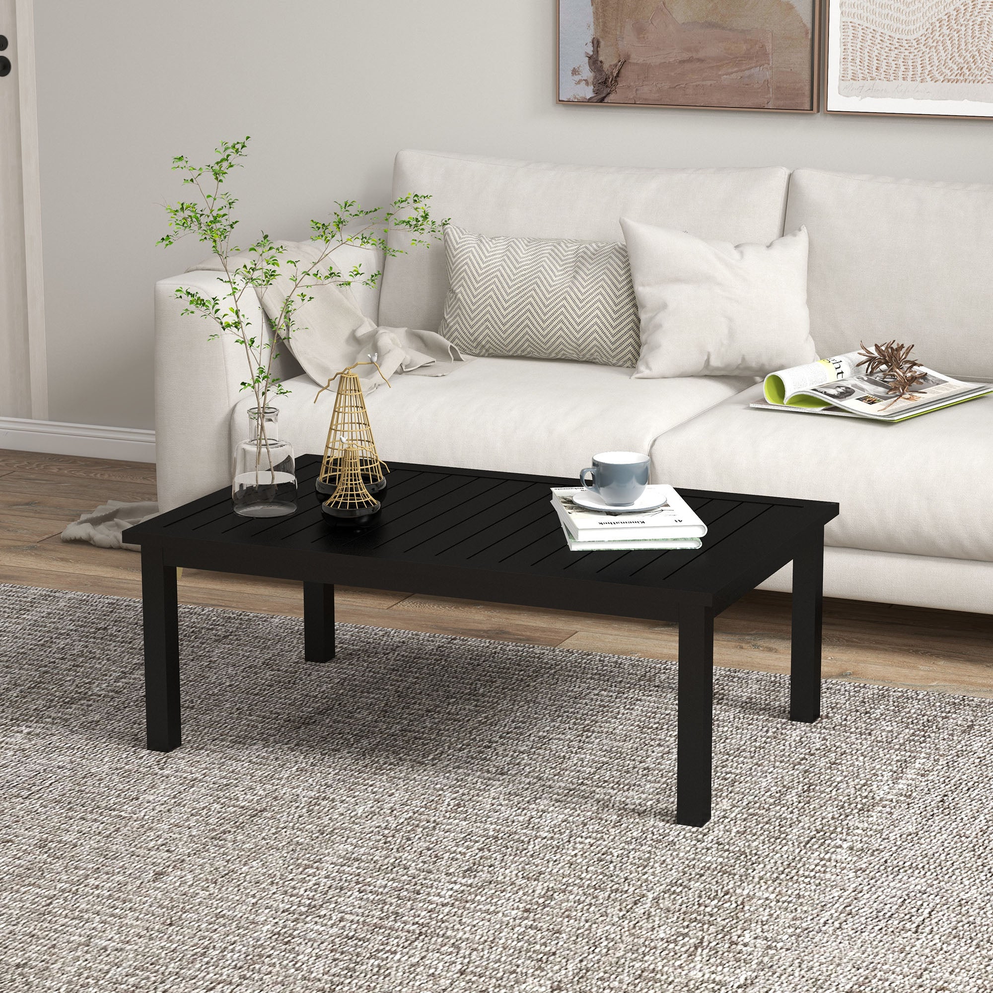 Aluminium Patio Side Table with Wood Grain Effect & Slat Tabletop, 100cm x 60cm, Black - Image 4
