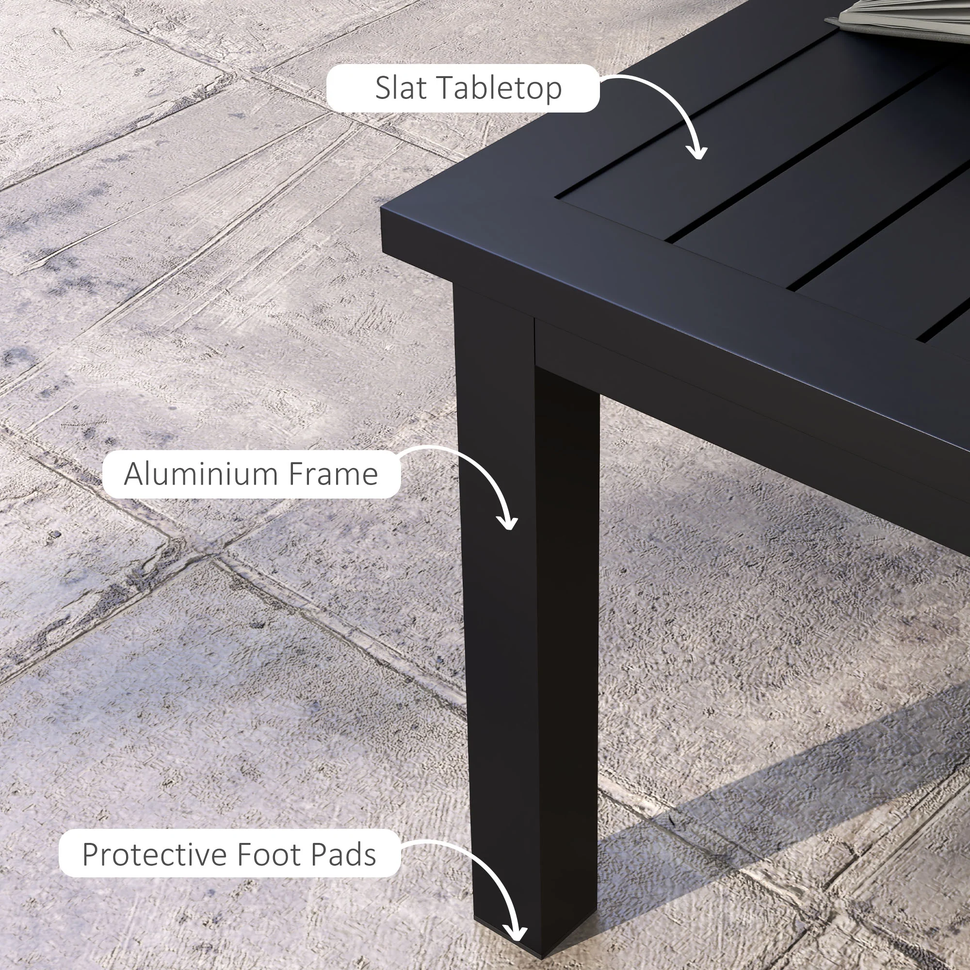 Aluminium Patio Side Table with Wood Grain Effect & Slat Tabletop, 100cm x 60cm, Black - Image 6