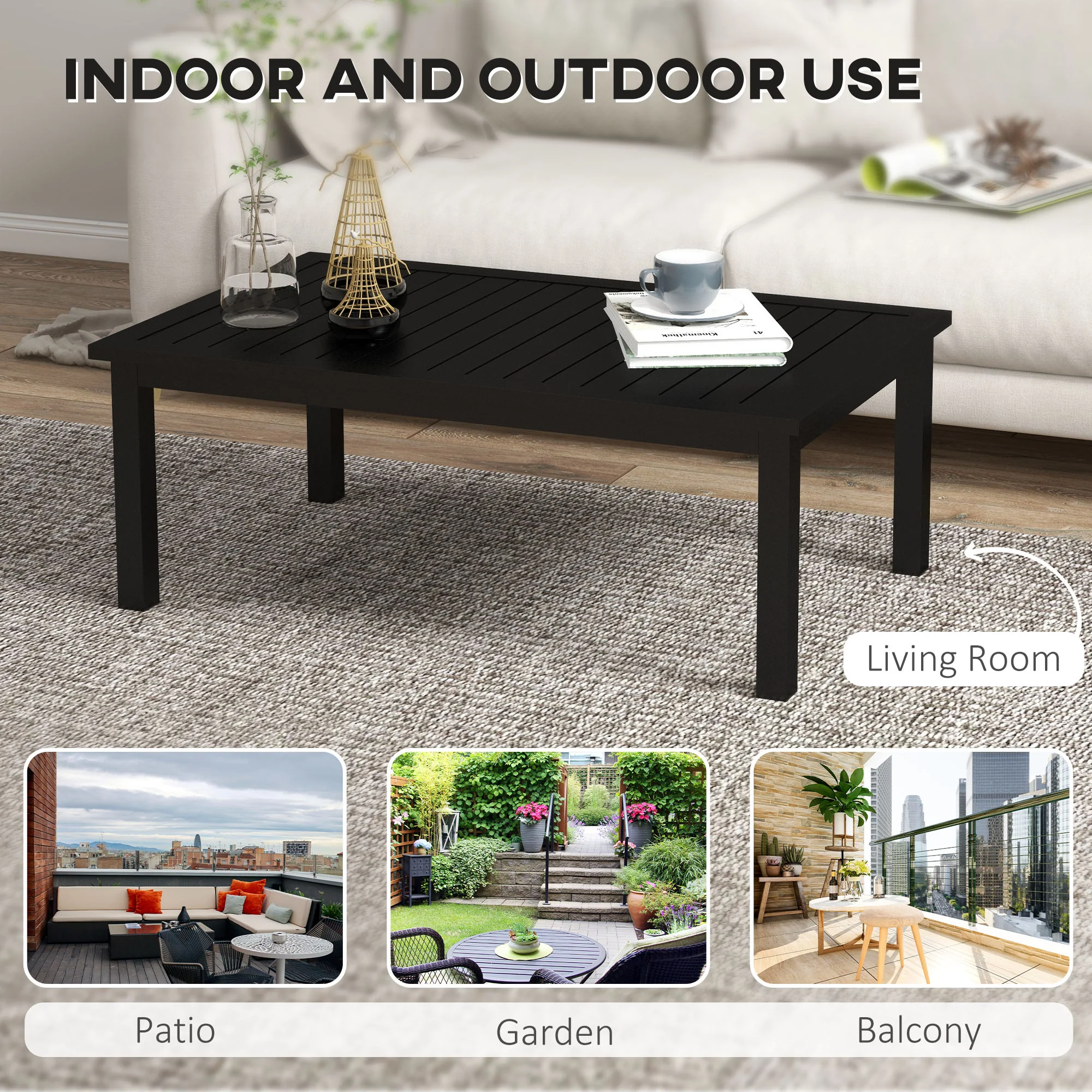 Aluminium Patio Side Table with Wood Grain Effect & Slat Tabletop, 100cm x 60cm, Black - Image 7