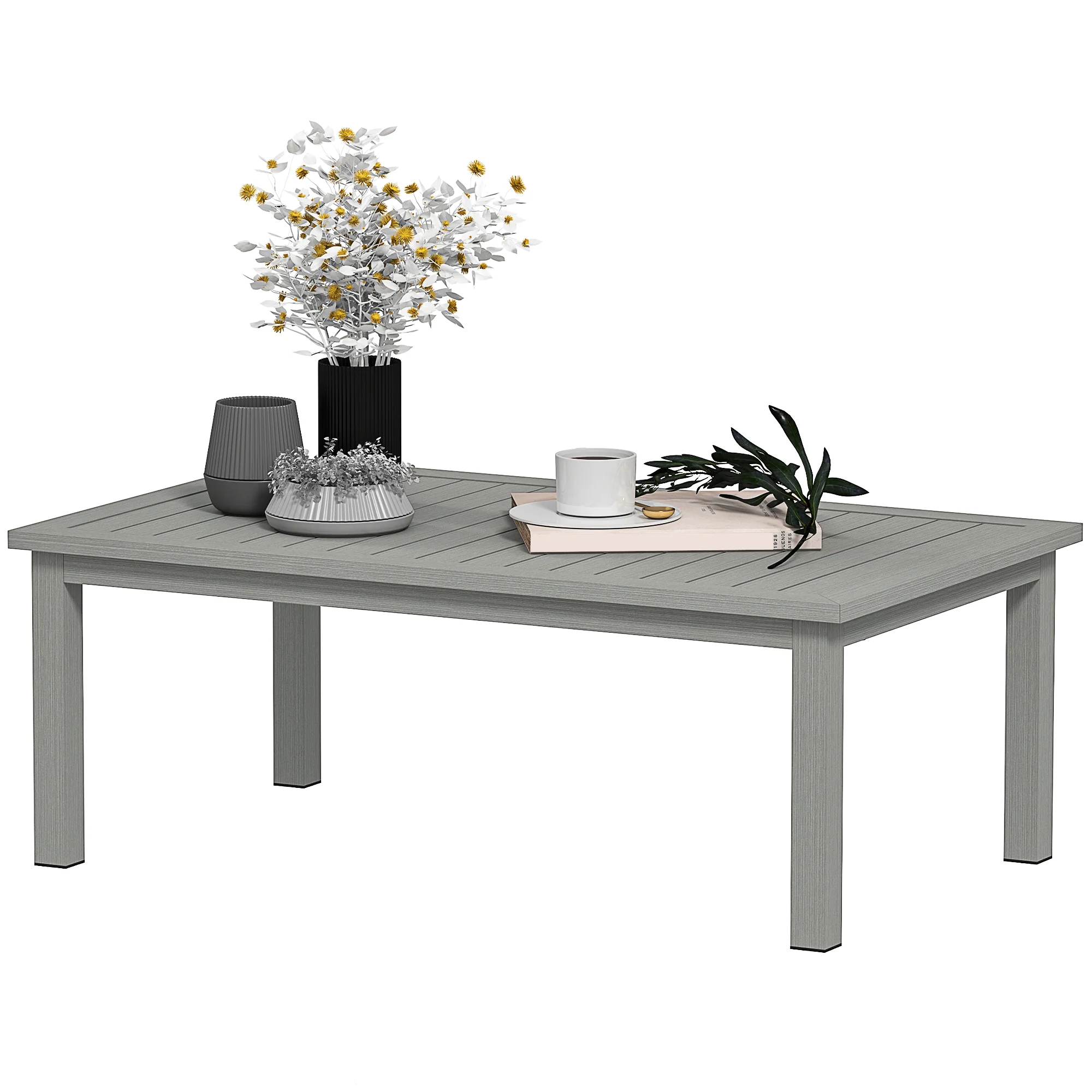 Aluminium Patio Side Table with Wood Grain Effect & Slat Tabletop, 100cm x 60cm, Grey - Image 2