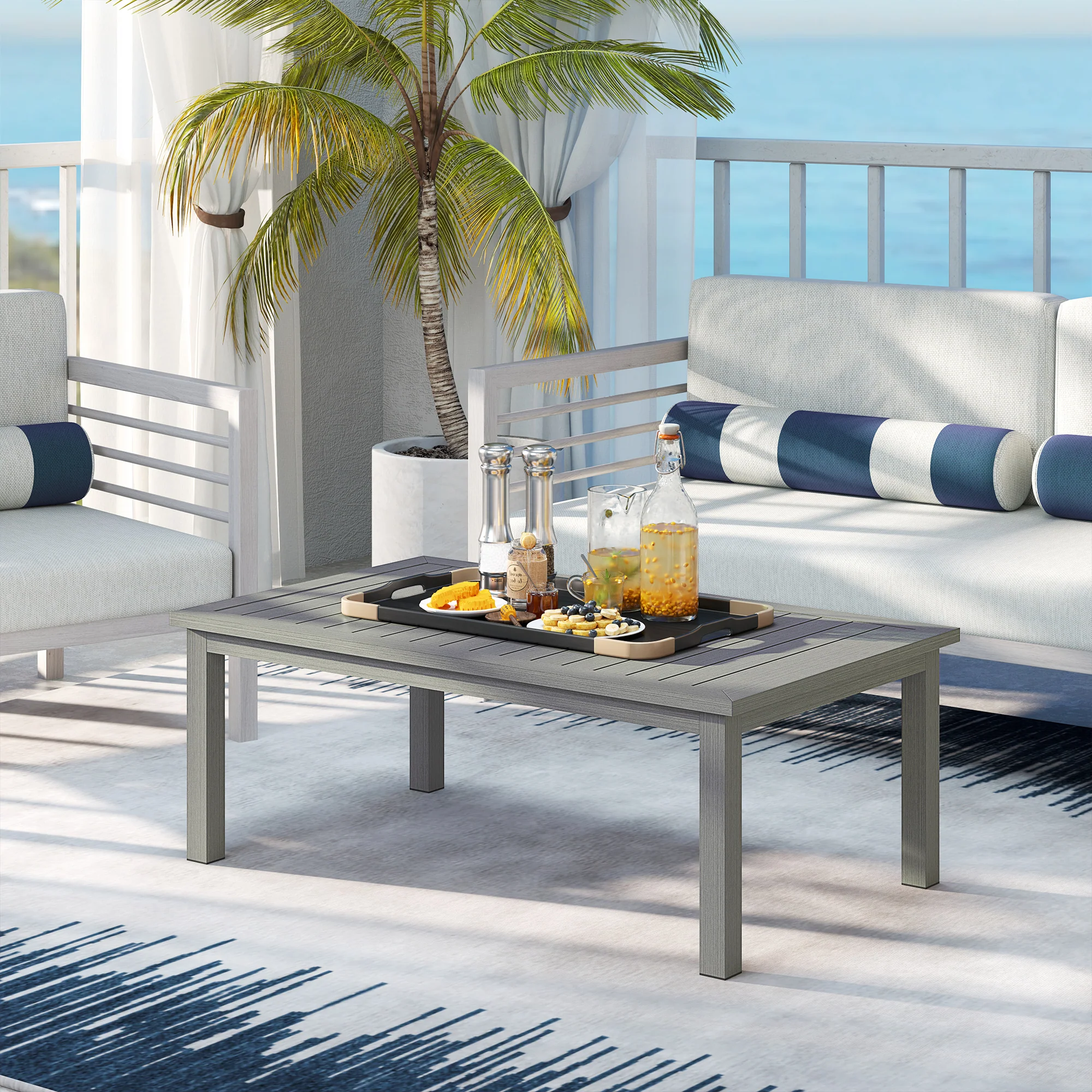 Aluminium Patio Side Table with Wood Grain Effect & Slat Tabletop, 100cm x 60cm, Grey - Image 3