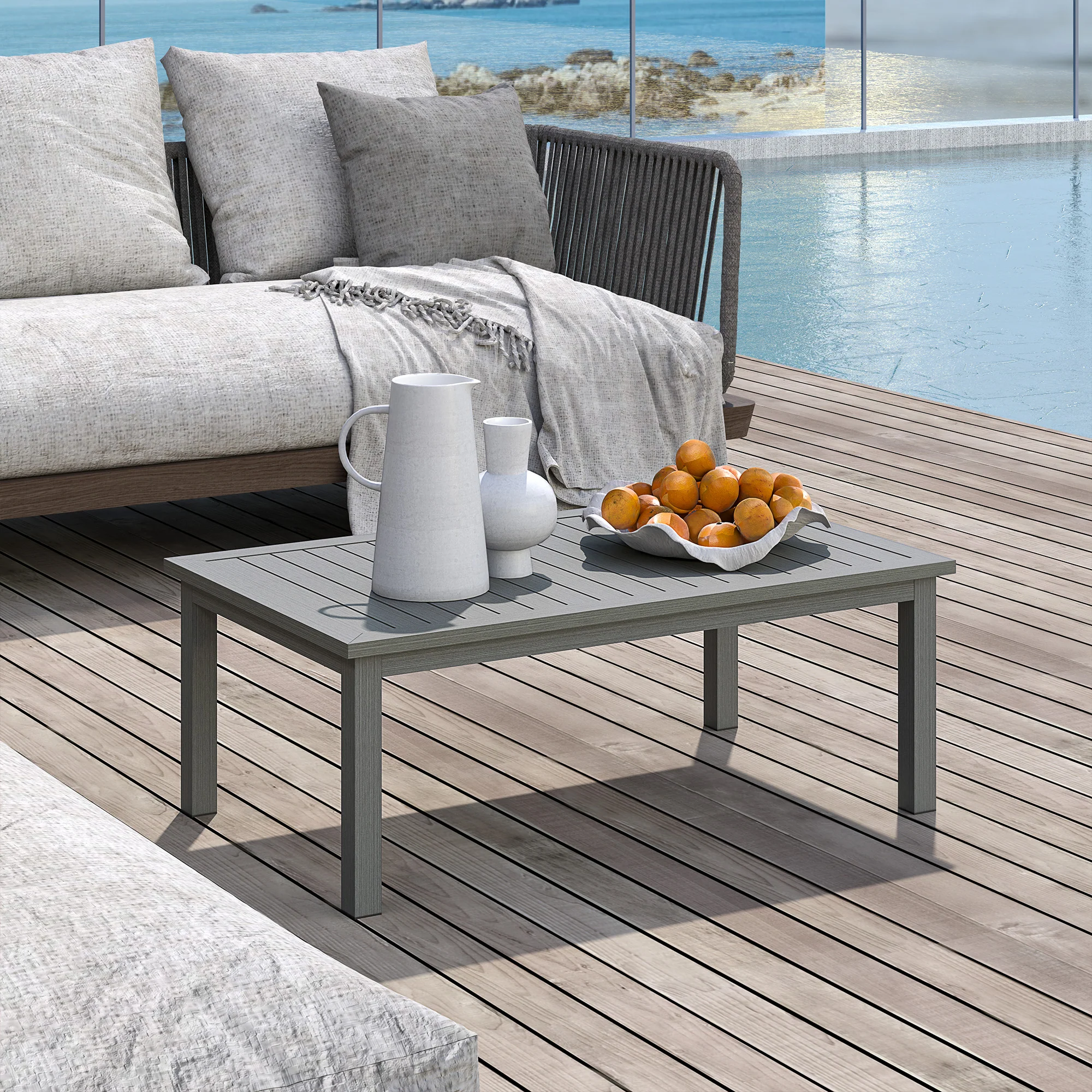 Aluminium Patio Side Table with Wood Grain Effect & Slat Tabletop, 100cm x 60cm, Grey - Image 4