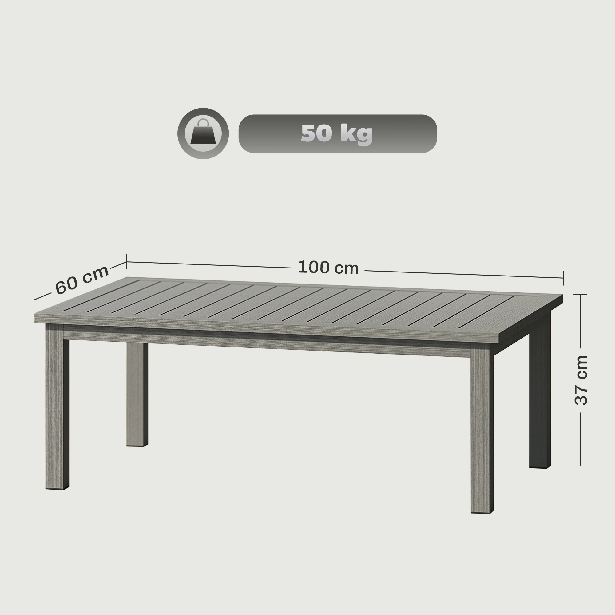 Aluminium Patio Side Table with Wood Grain Effect & Slat Tabletop, 100cm x 60cm, Grey - Image 5
