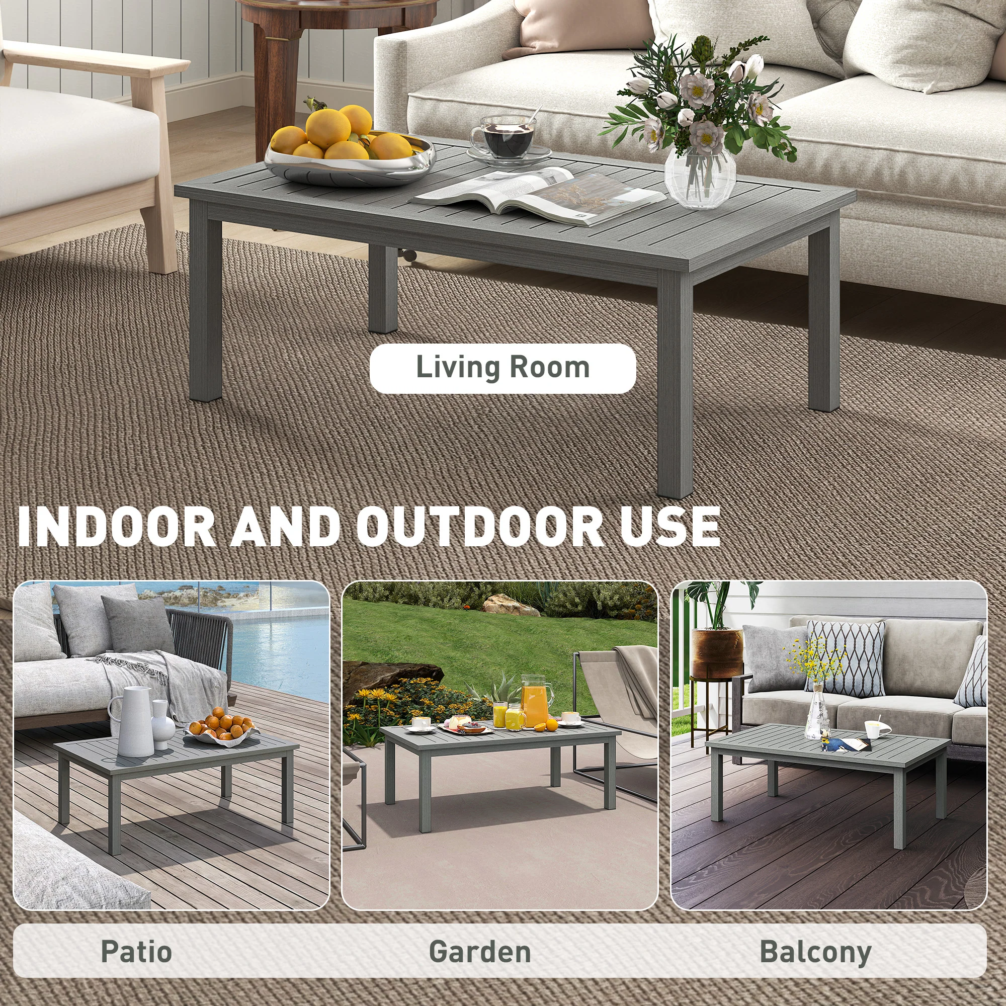 Aluminium Patio Side Table with Wood Grain Effect & Slat Tabletop, 100cm x 60cm, Grey - Image 7