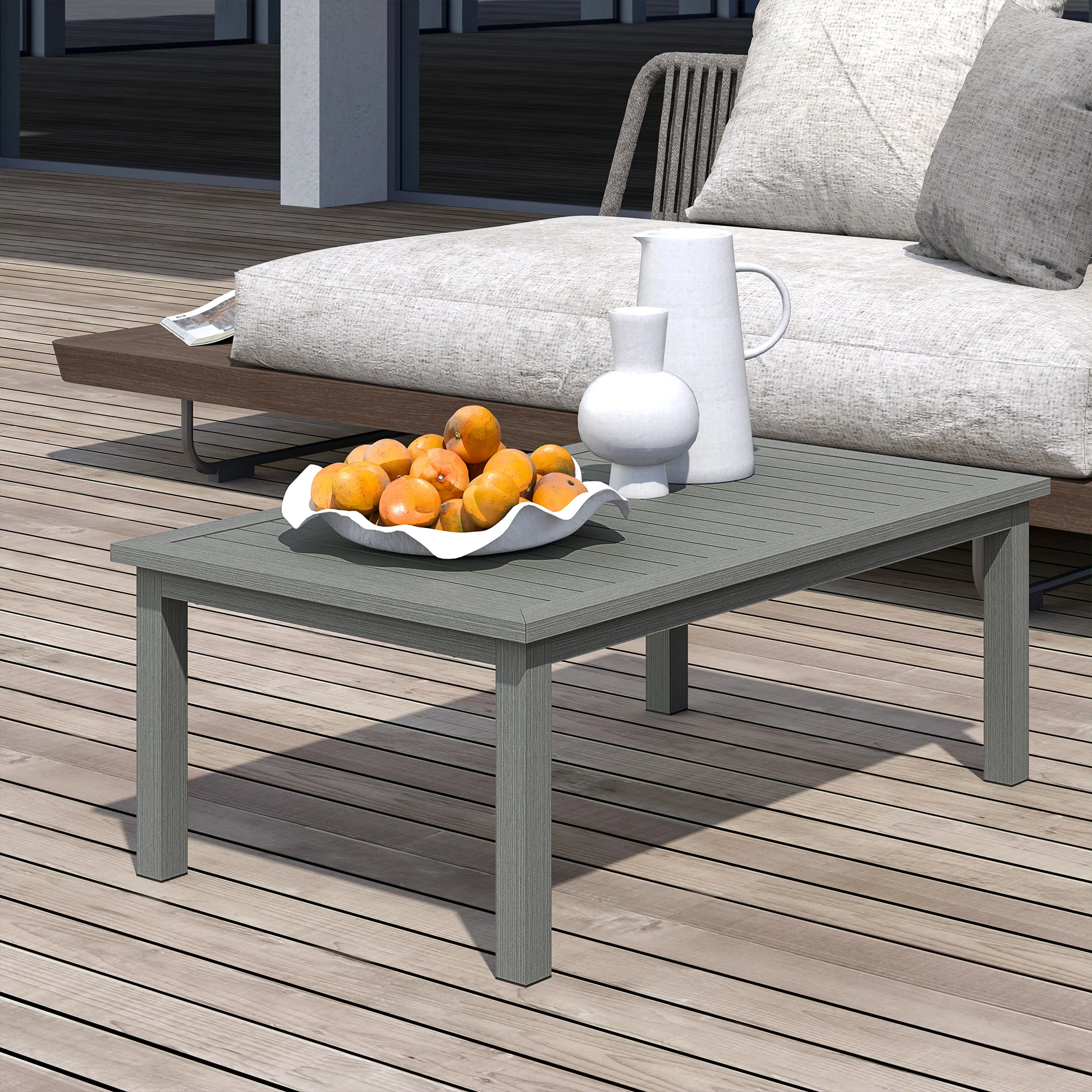 Aluminium Patio Side Table with Wood Grain Effect & Slat Tabletop, 100cm x 60cm, Grey - Image 9