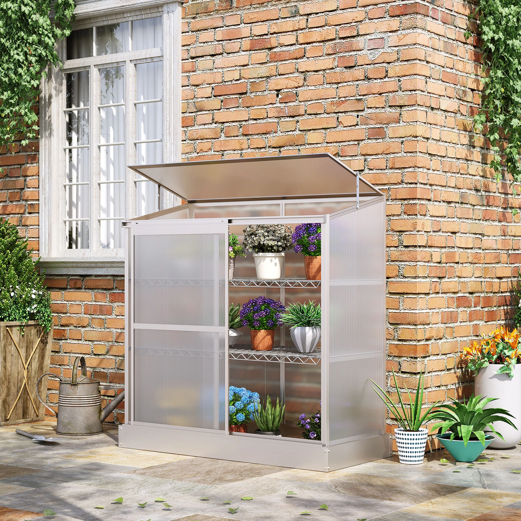 52" x 23" x 55" Aluminum Cold Frame Greenhouse with Openable Top & 2 Shelves, Silver - Image 3