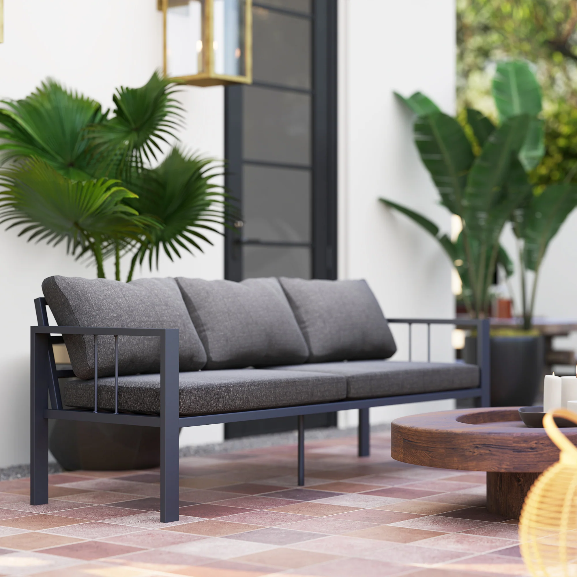3-Seat Aluminum Outdoor Couch Patio Sofa with Cushions, Wide Seat & Armrests, Dark Grey - Image 3