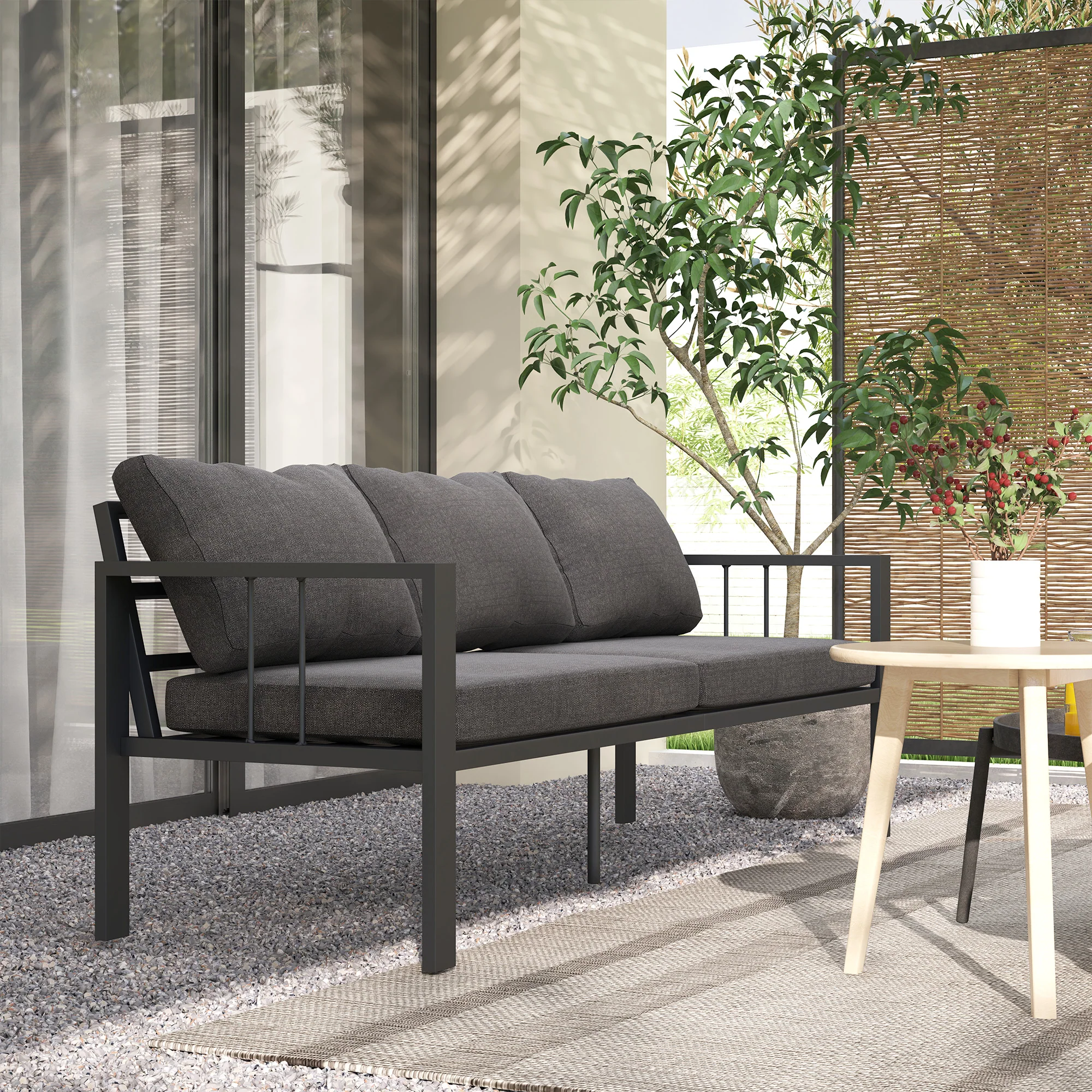 3-Seat Aluminum Outdoor Couch Patio Sofa with Cushions, Wide Seat & Armrests, Dark Grey - Image 4