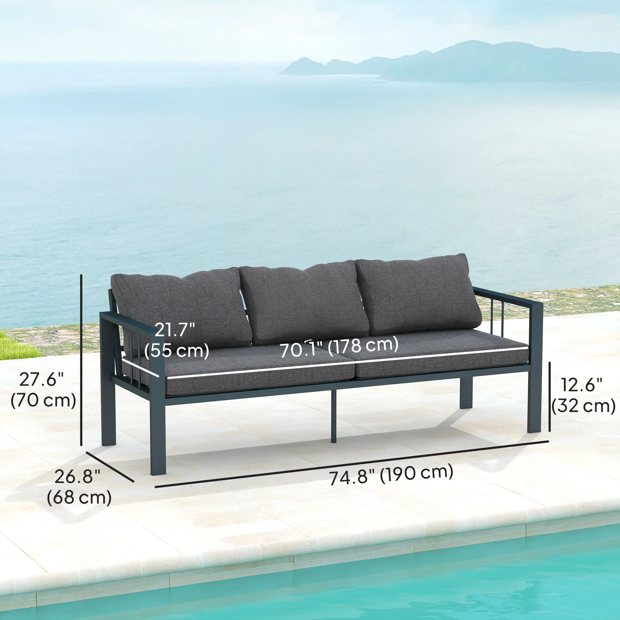 3-Seat Aluminum Outdoor Couch Patio Sofa with Cushions, Wide Seat & Armrests, Dark Grey - Image 5