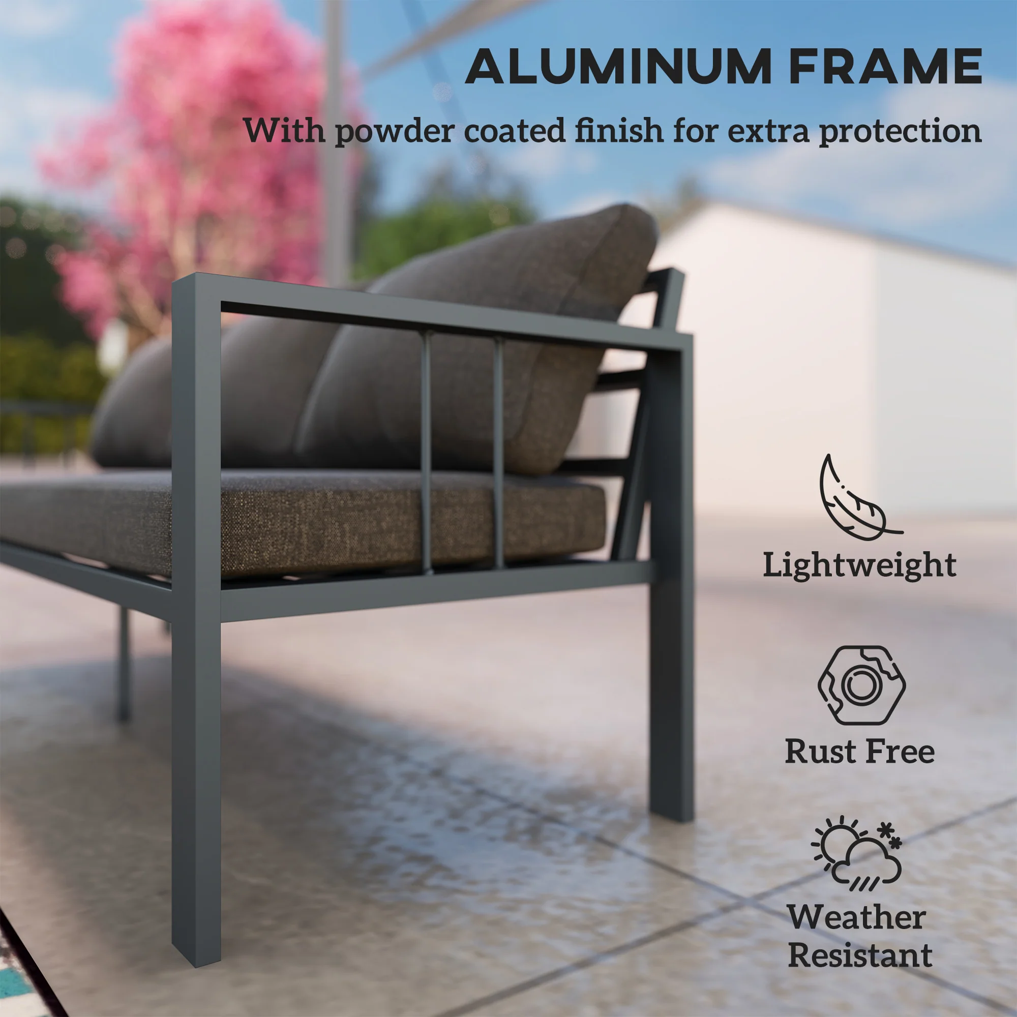 3-Seat Aluminum Outdoor Couch Patio Sofa with Cushions, Wide Seat & Armrests, Dark Grey - Image 7