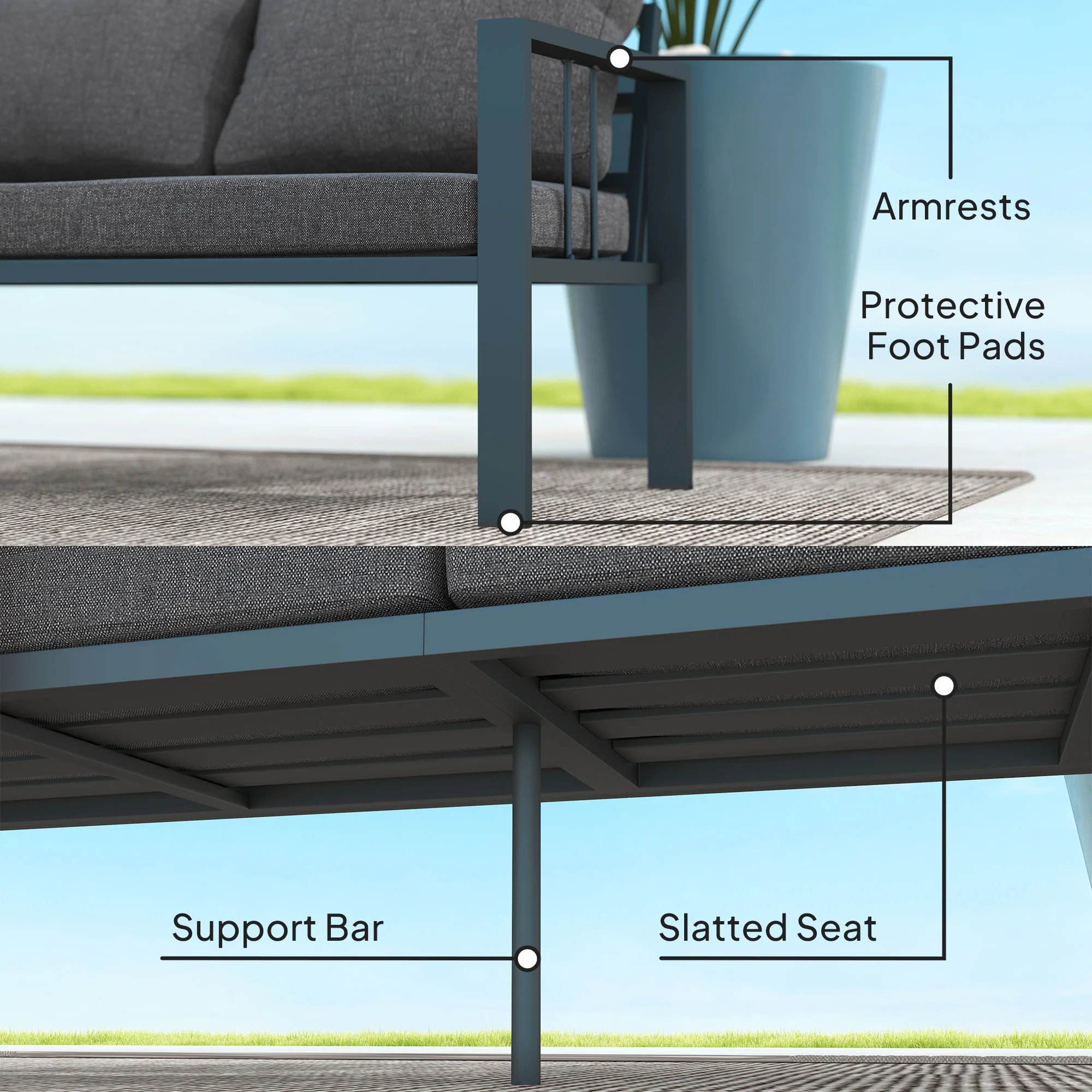 3-Seat Aluminum Outdoor Couch Patio Sofa with Cushions, Wide Seat & Armrests, Dark Grey - Image 9
