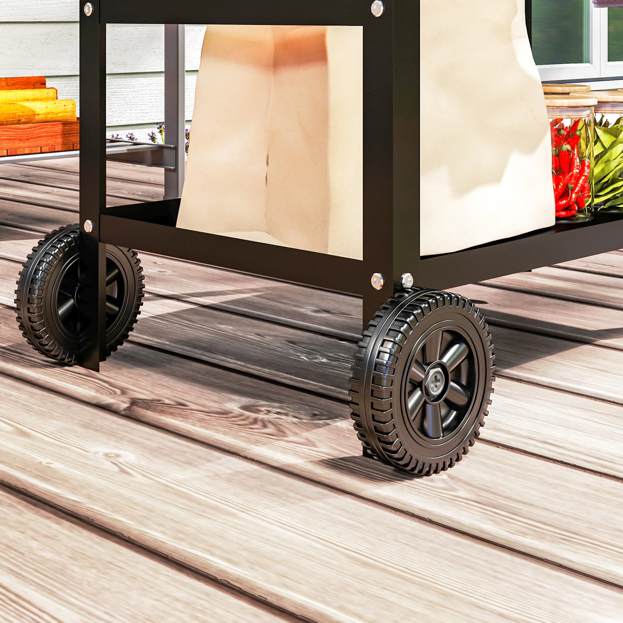 BBQ Trolley with Pizza Oven Table & Adjustable Shelf, Outdoor Grill Dining Cart, Black - Image 11