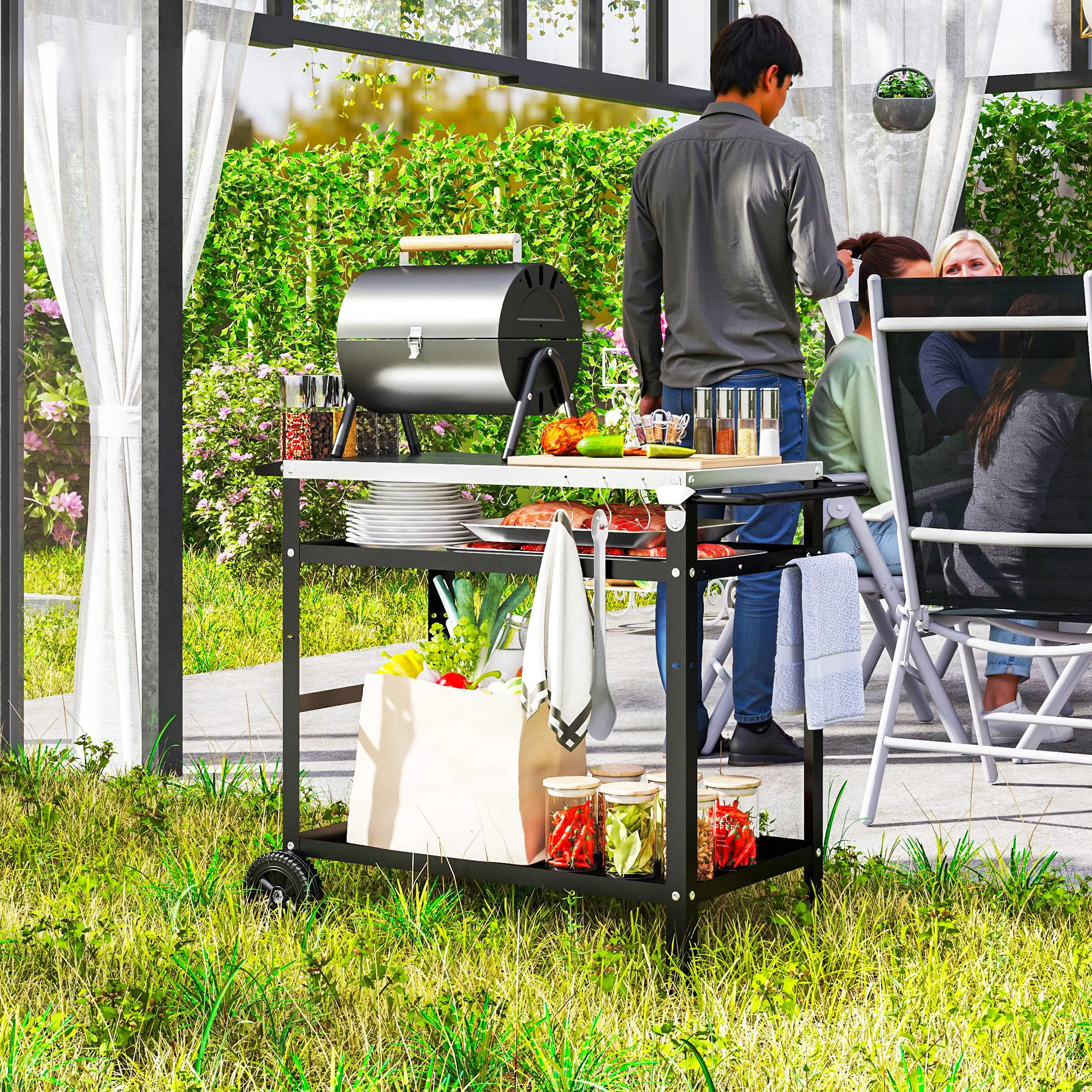 BBQ Trolley with Pizza Oven Table & Adjustable Shelf, Outdoor Grill Dining Cart, Black - Image 4