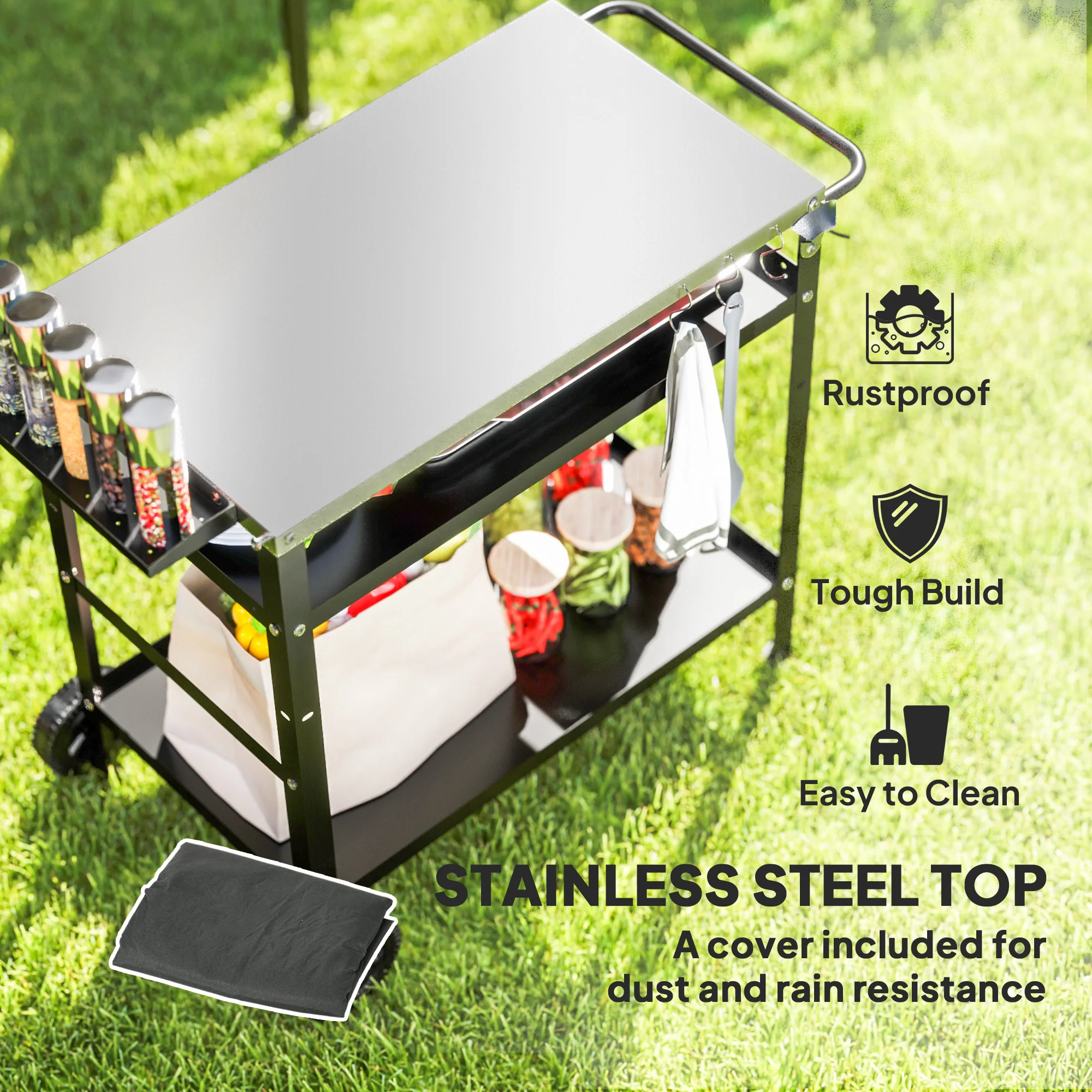 BBQ Trolley with Pizza Oven Table & Adjustable Shelf, Outdoor Grill Dining Cart, Black - Image 6