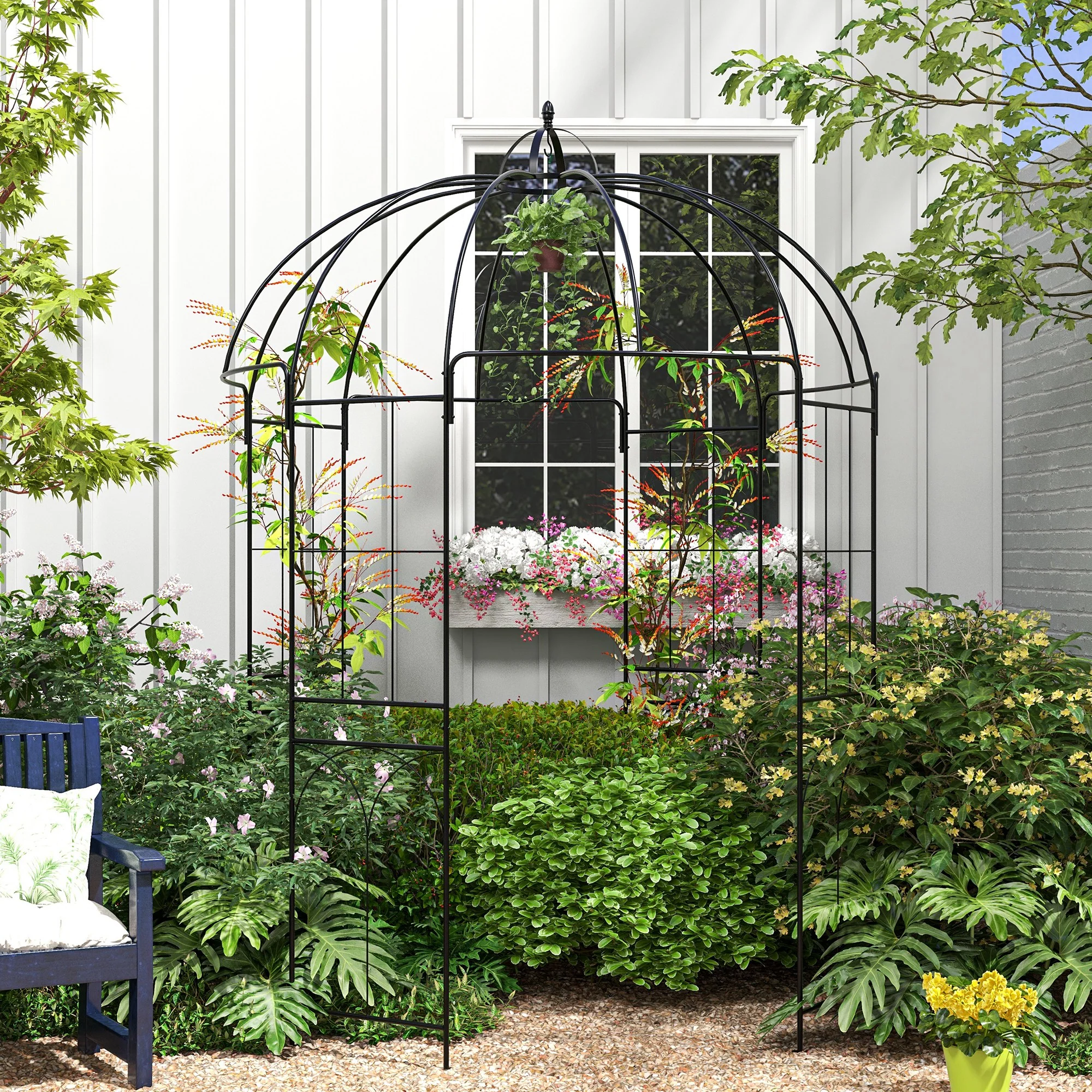 Birdcage Shape Garden Arbour, Metal Gazebo Pavilion, French Arch Trellis with Hook, Black - Image 3