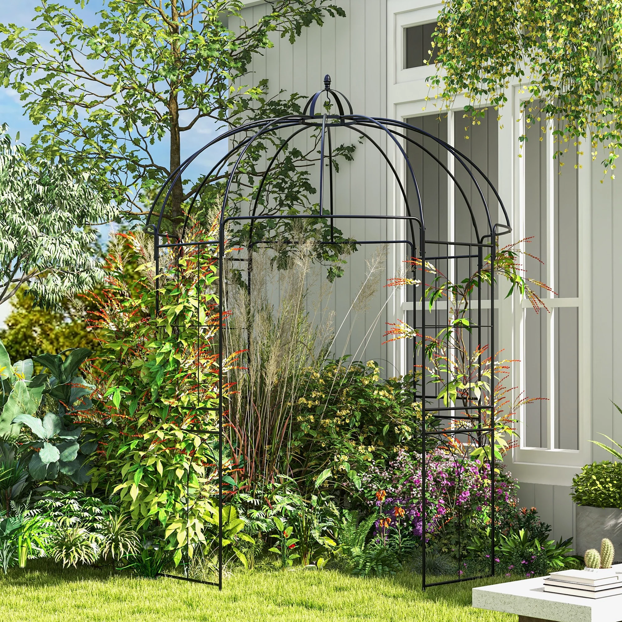Birdcage Shape Garden Arbour, Metal Gazebo Pavilion, French Arch Trellis with Hook, Black - Image 4