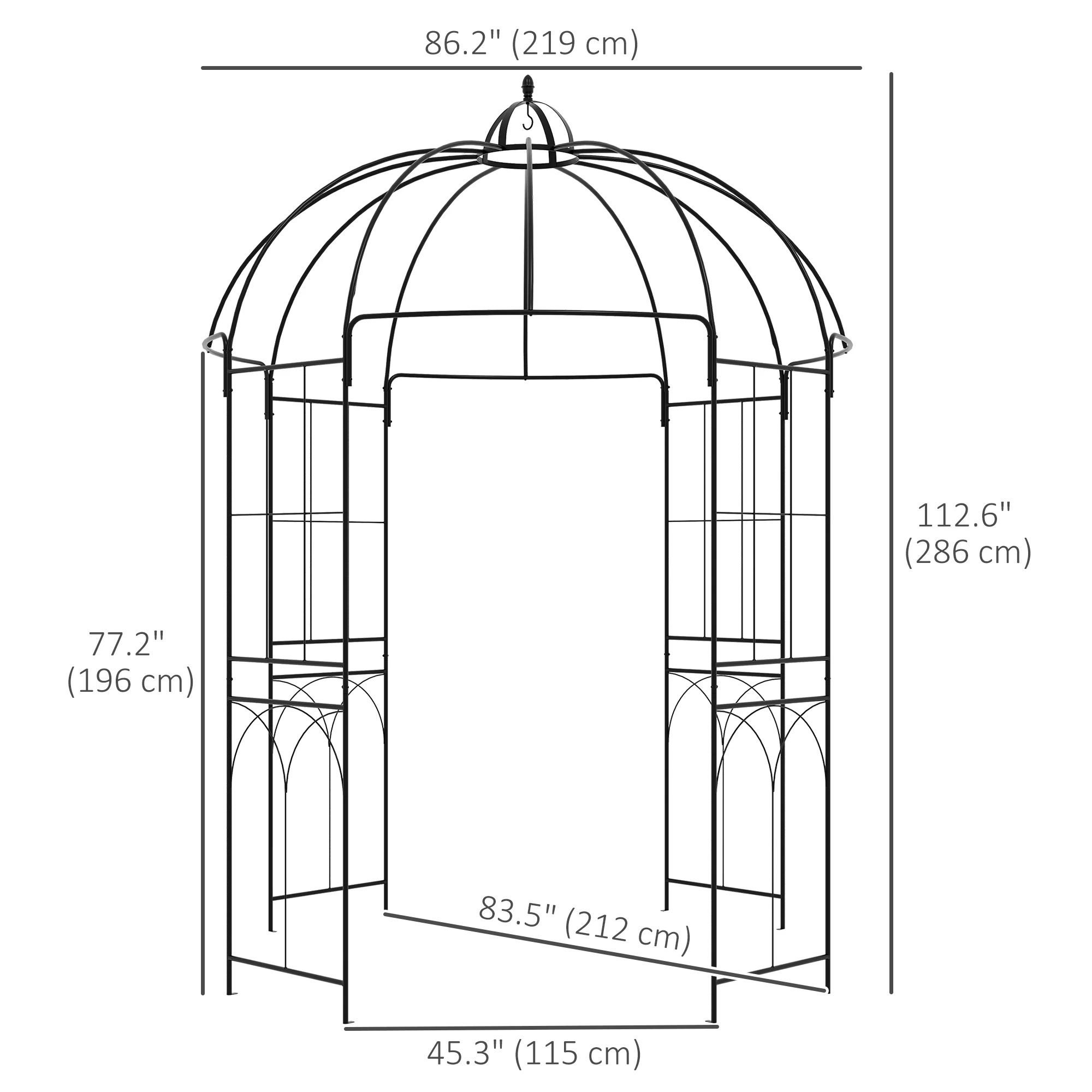 Birdcage Shape Garden Arbour, Metal Gazebo Pavilion, French Arch Trellis with Hook, Black - Image 5