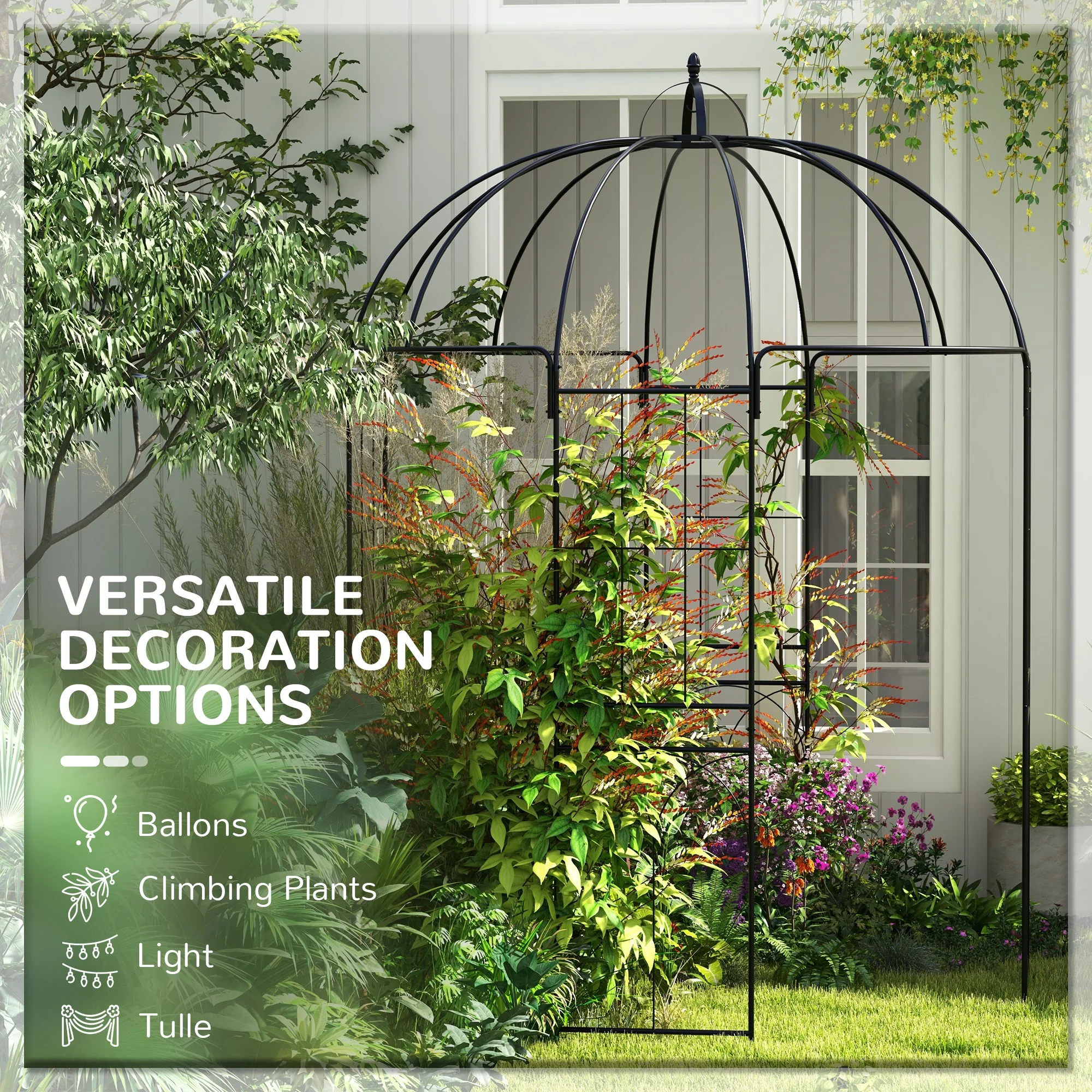 Birdcage Shape Garden Arbour, Metal Gazebo Pavilion, French Arch Trellis with Hook, Black - Image 7