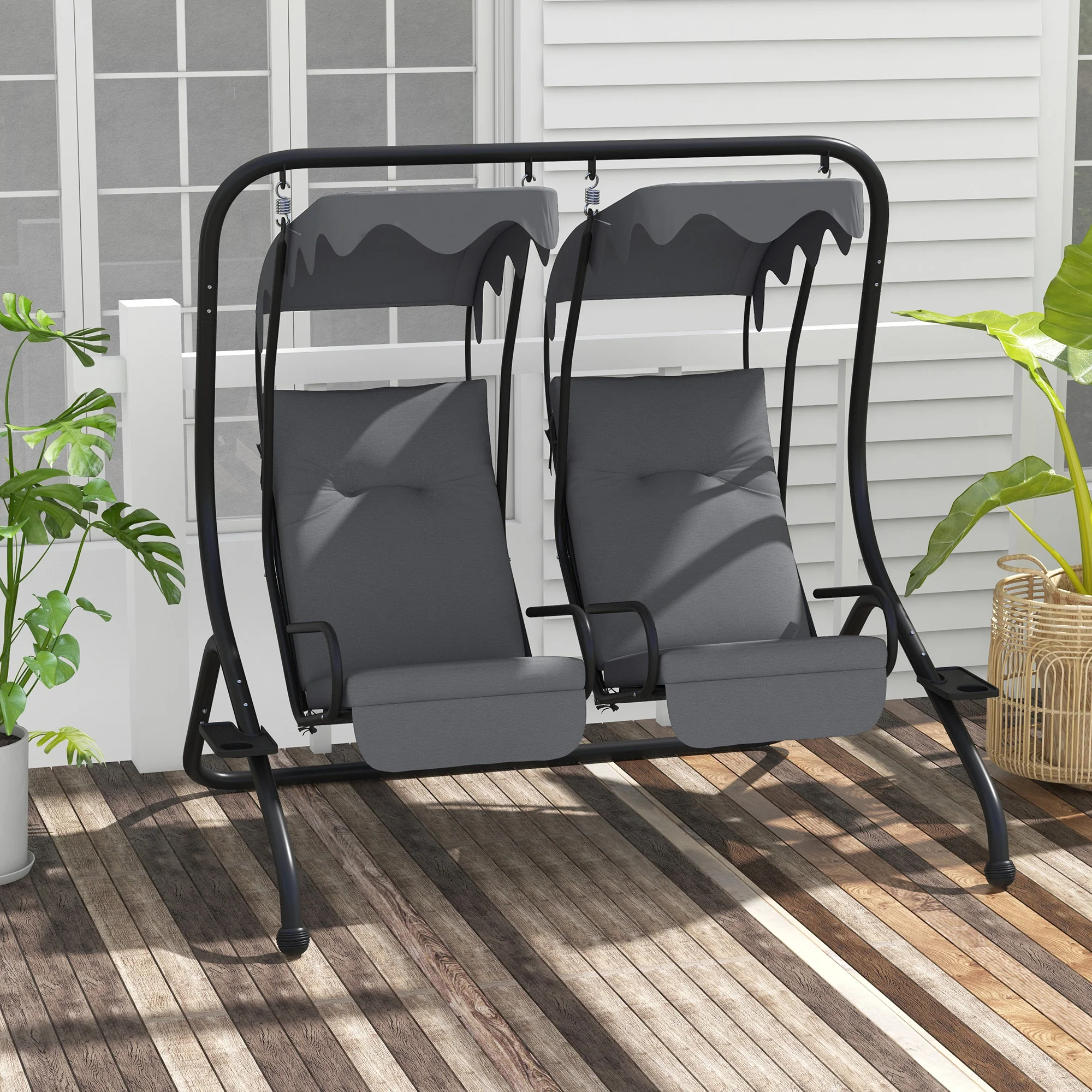 Modern Swing Chair with 2 Separate Chairs, Cushions & Removable Shade Canopy, Grey - Image 3
