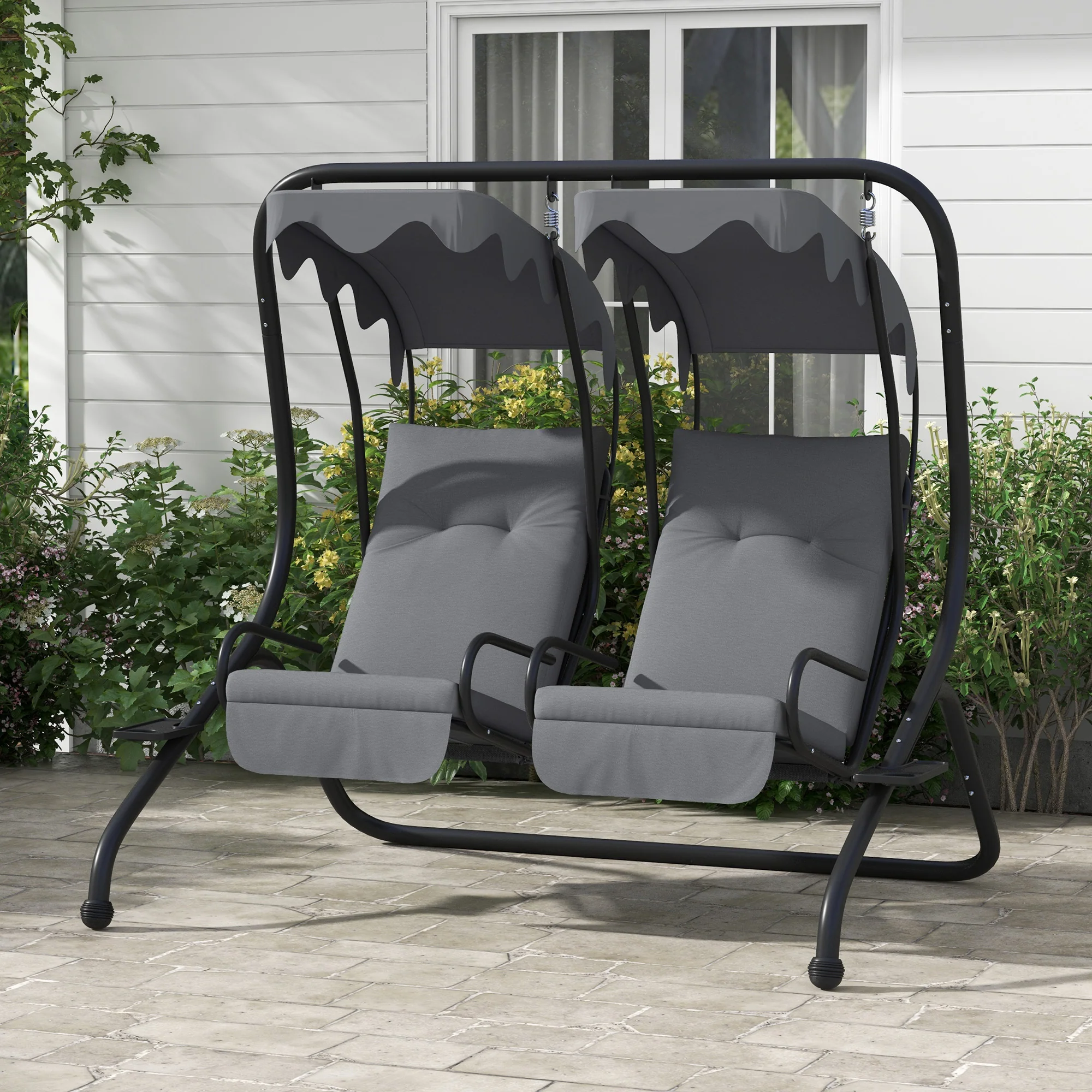 Modern Swing Chair with 2 Separate Chairs, Cushions & Removable Shade Canopy, Grey - Image 4