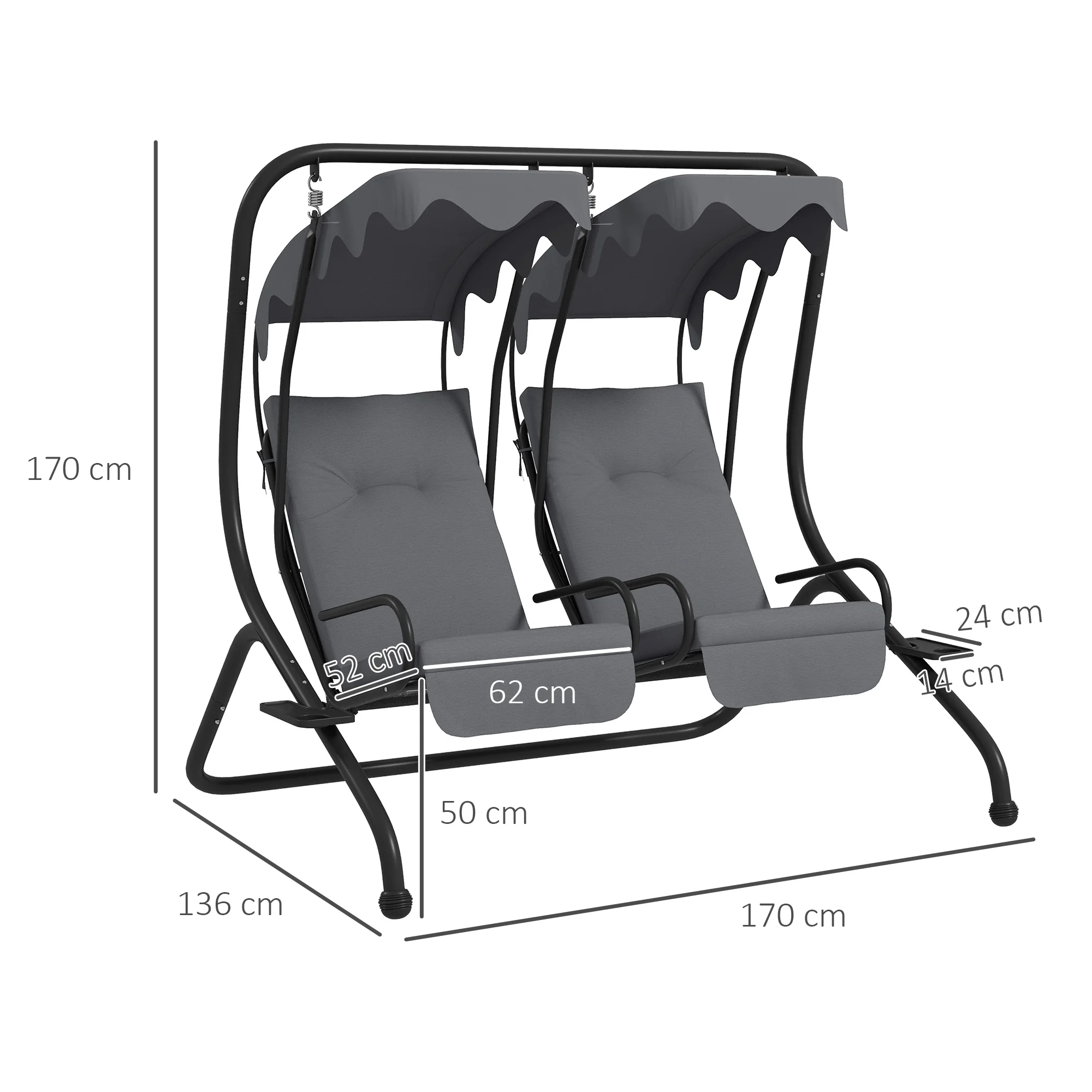 Modern Swing Chair with 2 Separate Chairs, Cushions & Removable Shade Canopy, Grey - Image 5